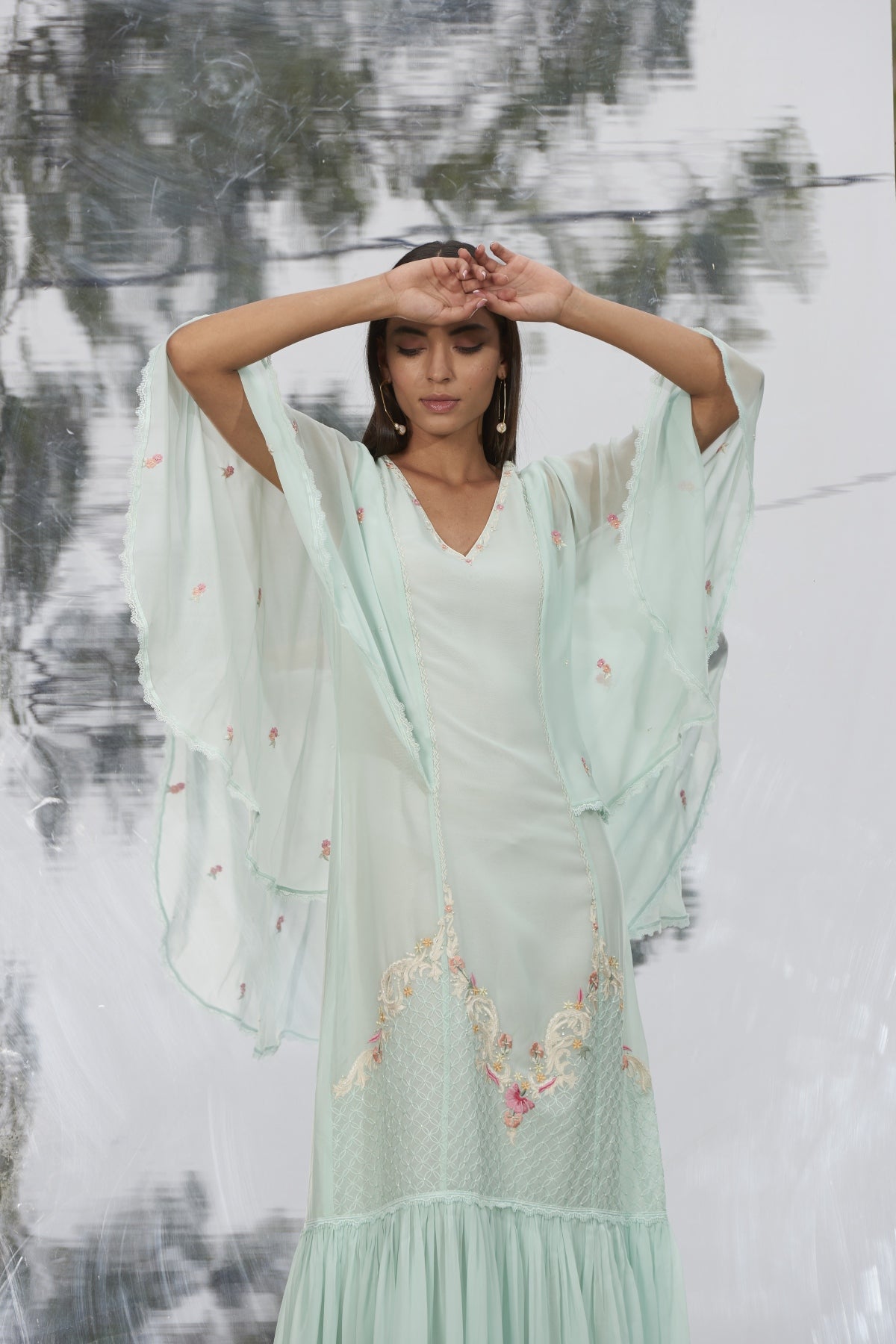 Mint Georgette Frill Long Kaftan
