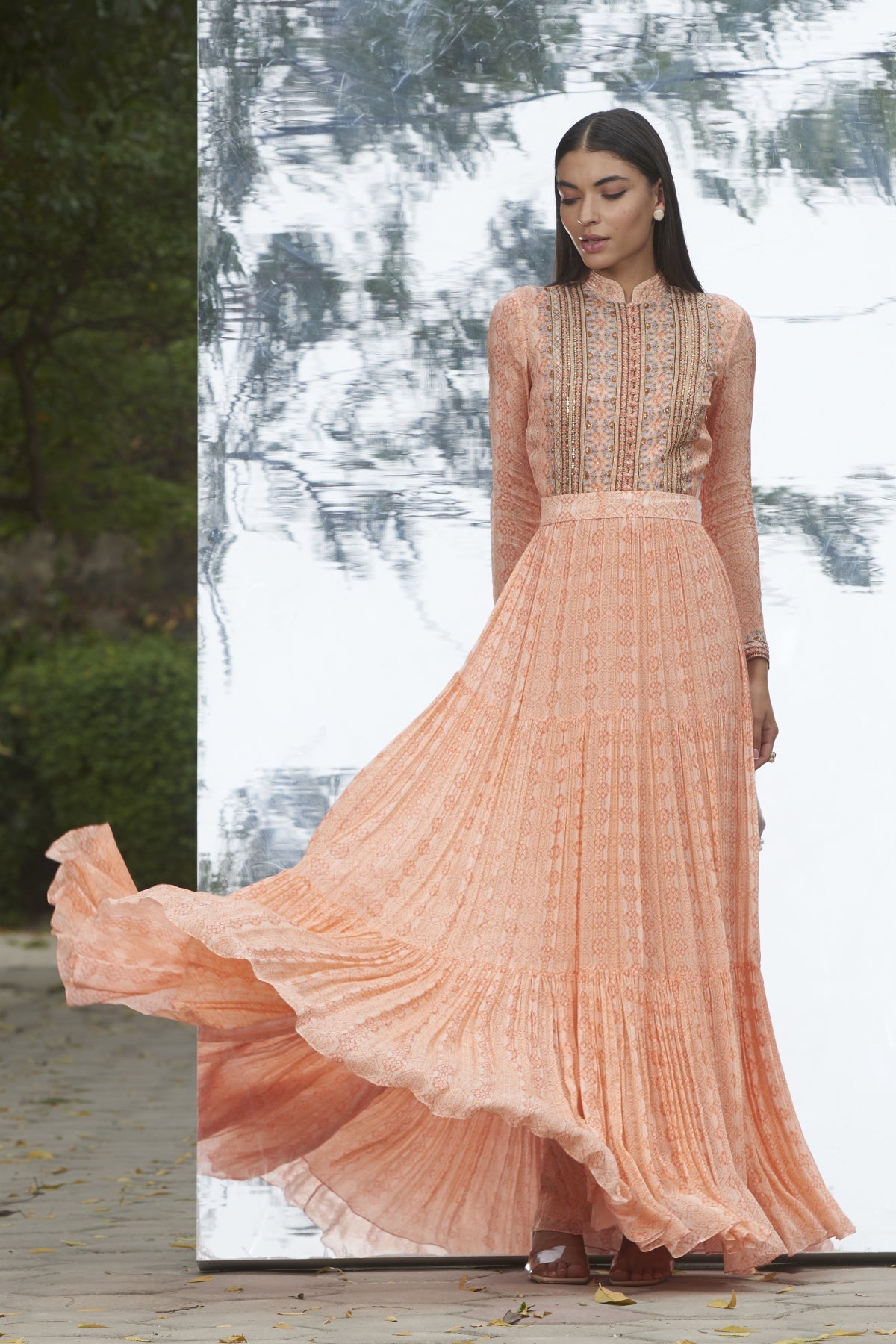 Embroidered Printed Dress Gown