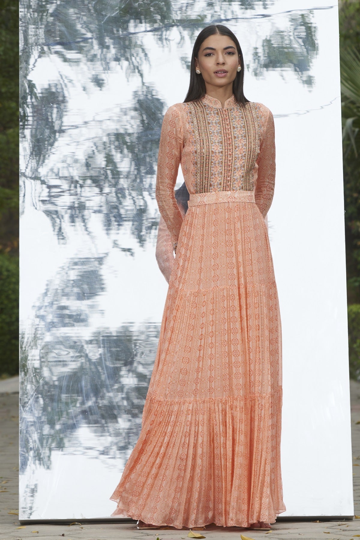 Embroidered Printed Dress Gown