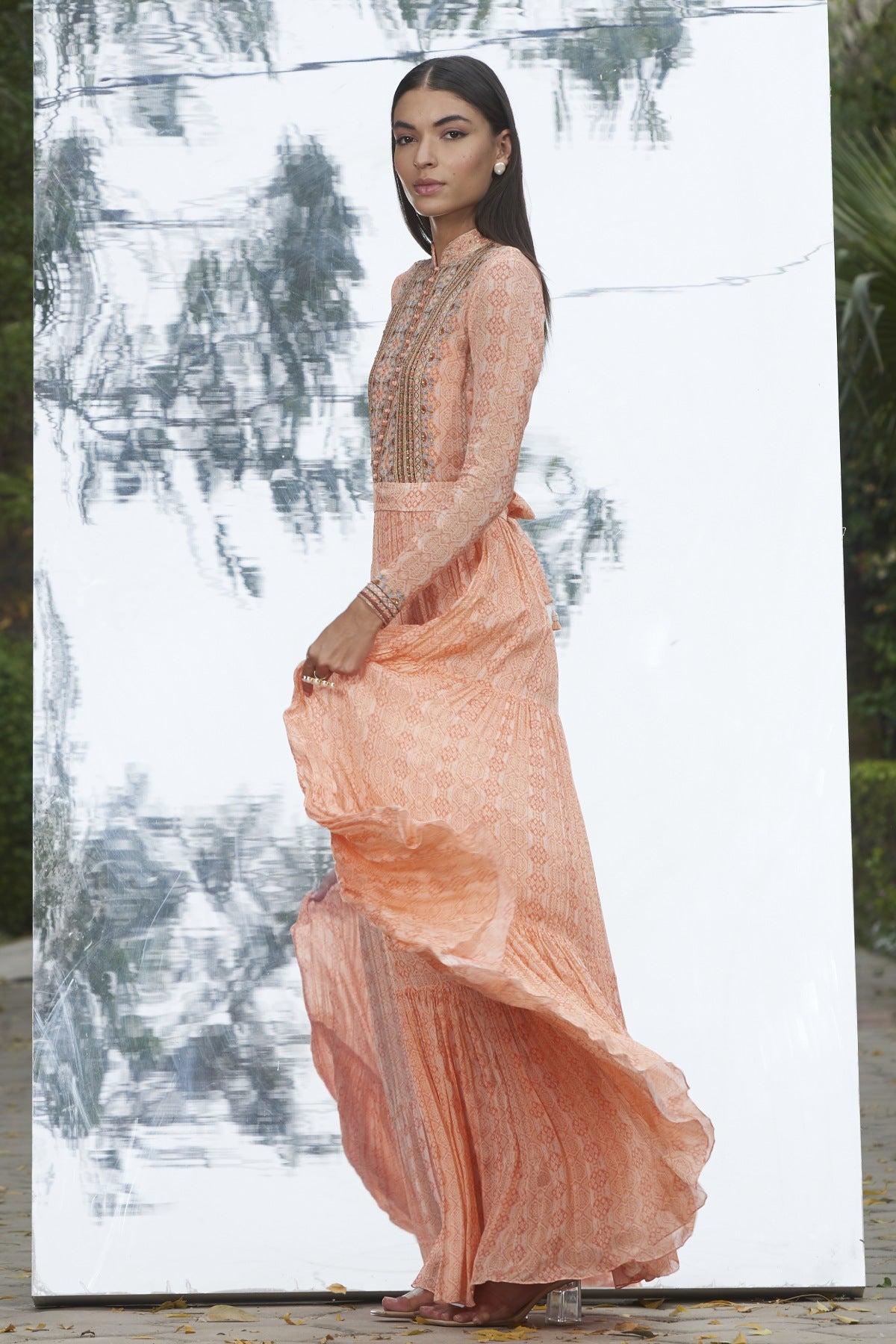 Embroidered Printed Dress Gown