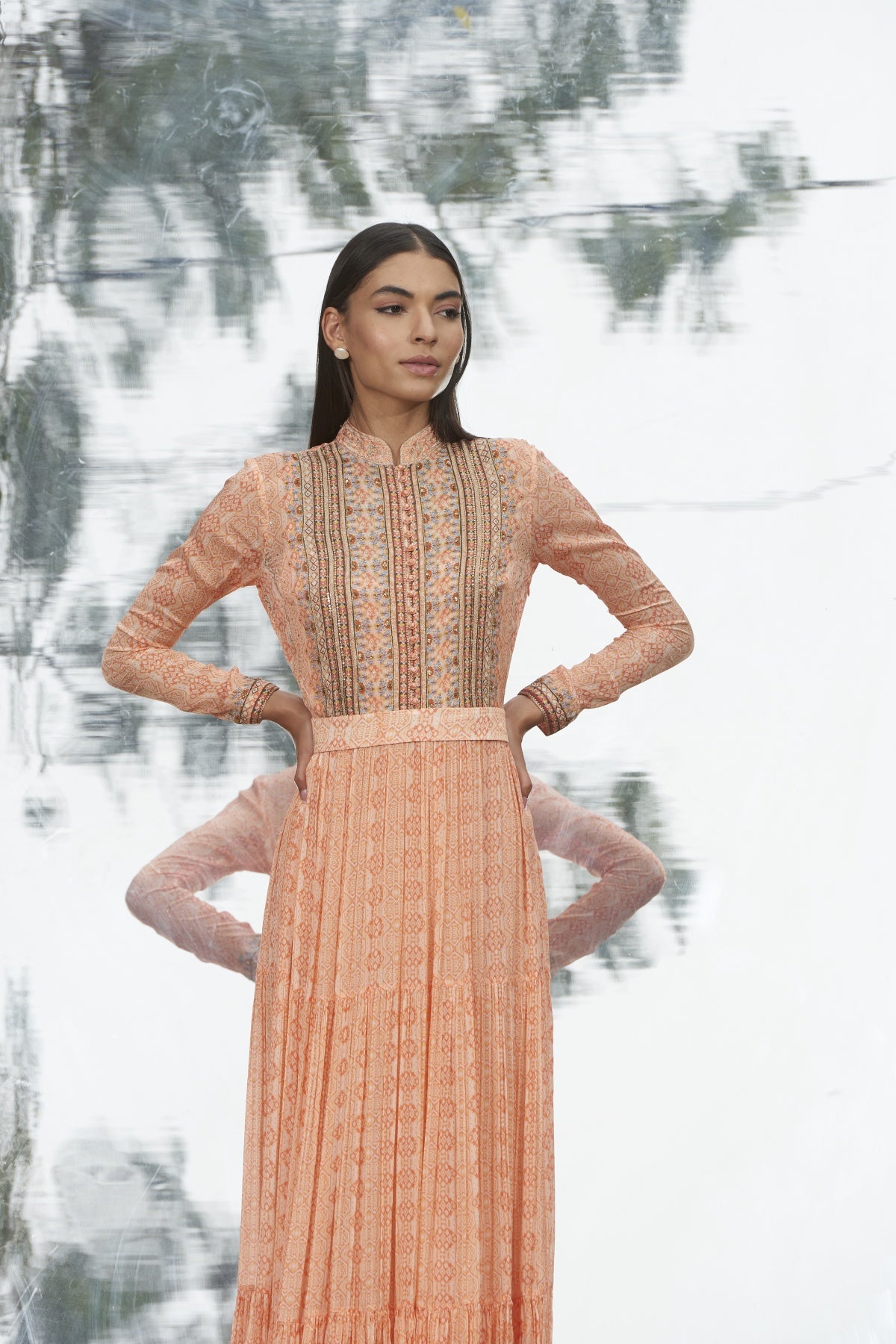 Embroidered Printed Dress Gown