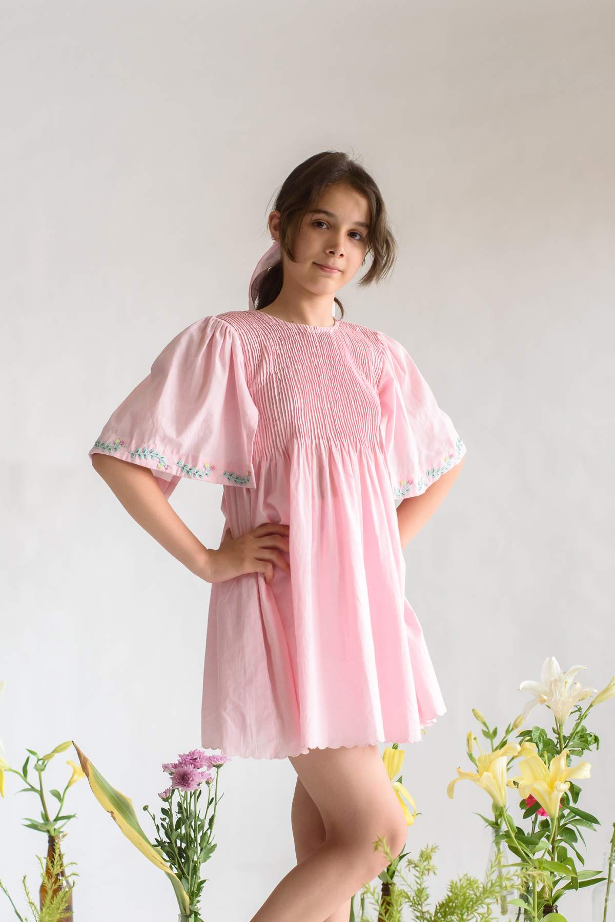 Buy Kids Designer Littleens Pin tucked dress with exquisite hand embroidery on the edge of gathered-slit angel sleeve Online at ScrollnShops