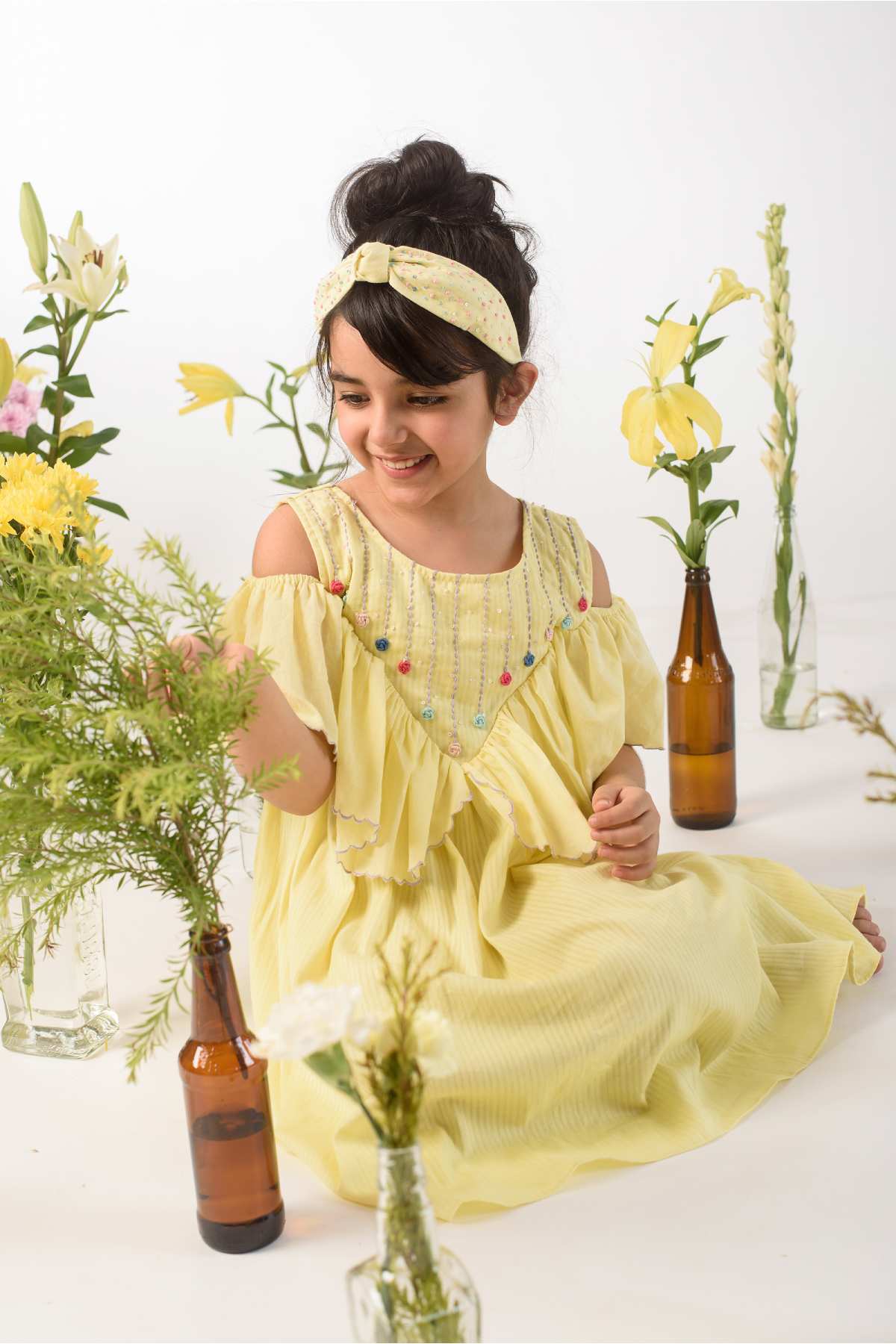 Buy Kids Designer Littleens Dress with v-shaped yoke with thread and sequins embellishment, ru?e accents on yoke and sleeves with delicate scalloped cutwork Online at ScrollnShops