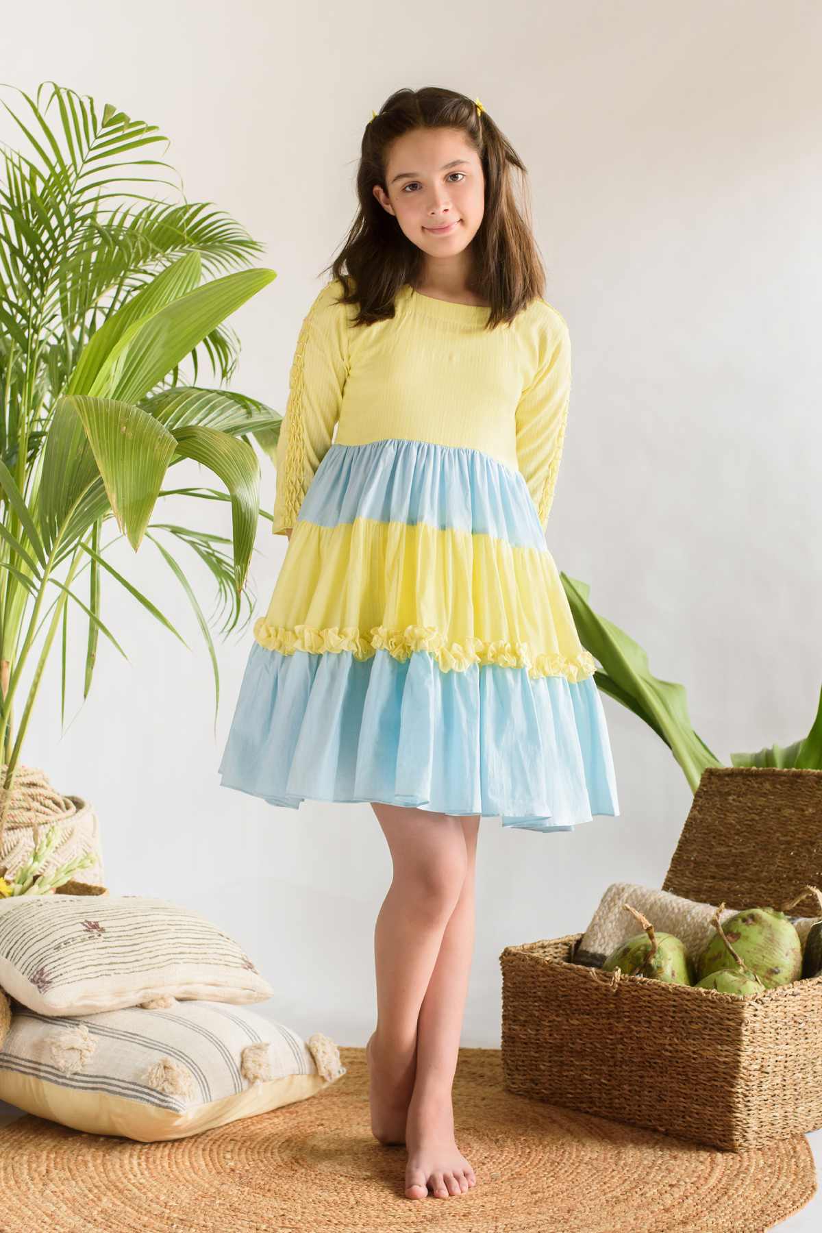 Buy Kids Designer Littleens Voluminous tiered dress featuring pintucked sleeves with sequins smocking detail and square neckline Online at ScrollnShops