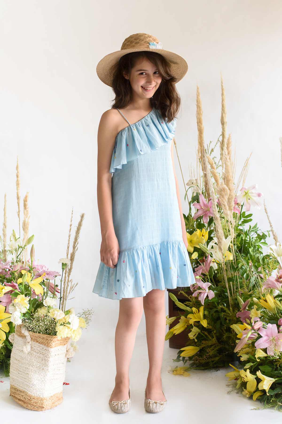 Buy Kids Designer Littleens Dress with ru?e neck, hem with floral embroidery and contrast checkered bodice Online at ScrollnShops