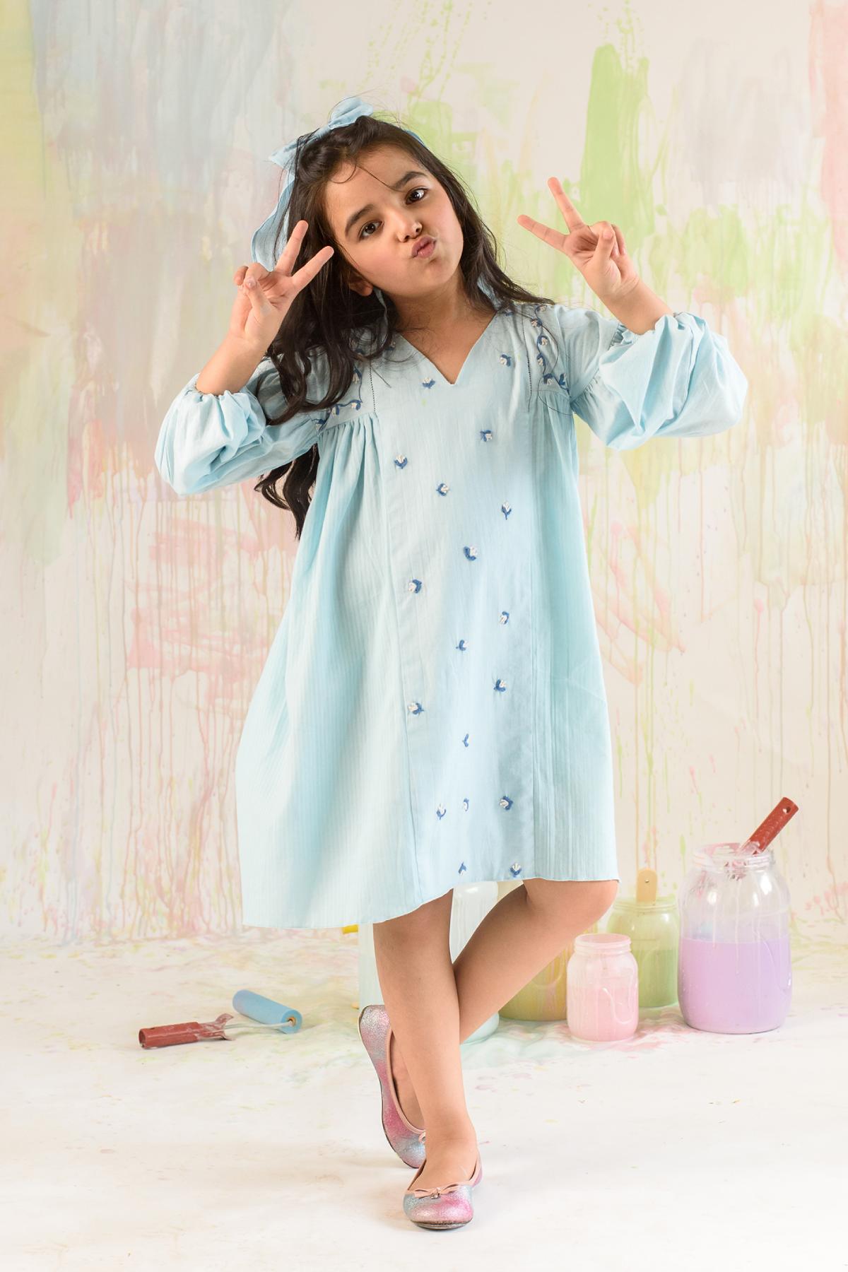 Buy Kids Designer Littleens Dress with balloon sleeves, blooming flowers, frilled collar neckline and gathered empire bodice on the sides with delicate hand embroidered centre panel Online at ScrollnShops