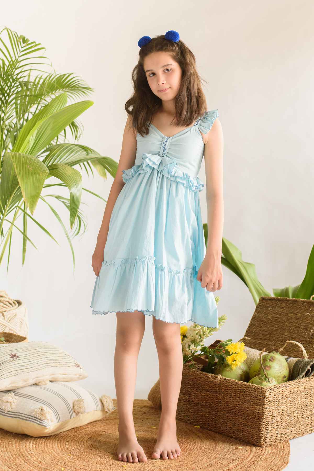 Buy Kids Designer Littleens Scallop dress with delicate floral embroidery, empire line tie up at bust, ru?es at waist with small flounce and flowing A-line skirt Online at ScrollnShops