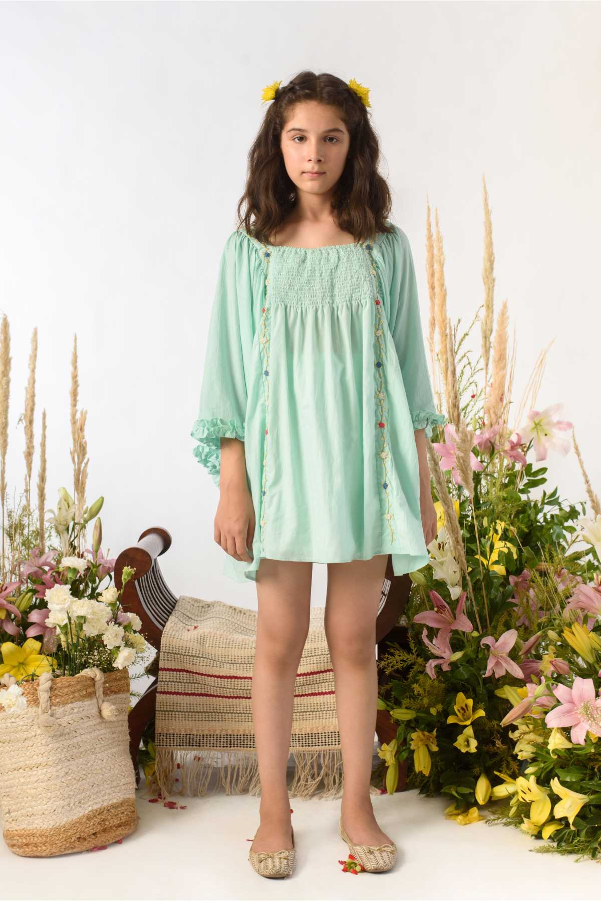 Buy Kids Designer Littleens Square neckline dress with elasticated yoke flowing into flattering angel sleeves and cascading floral embroidery Online at ScrollnShops