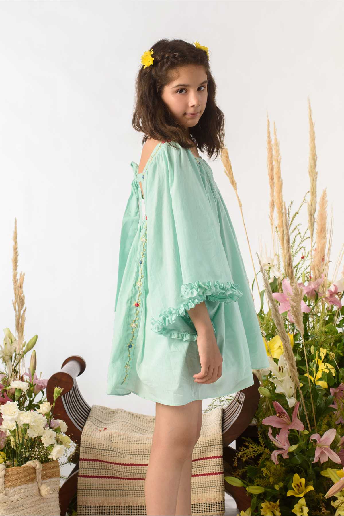 Green Cotton Embroidered Dress