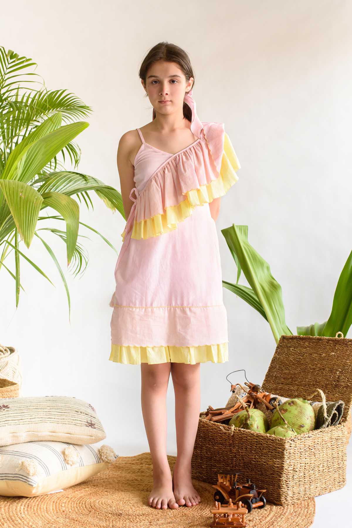 Buy Kids Designer Littleens Dress with scalloped edges, frills and hand fagoting Online at ScrollnShops