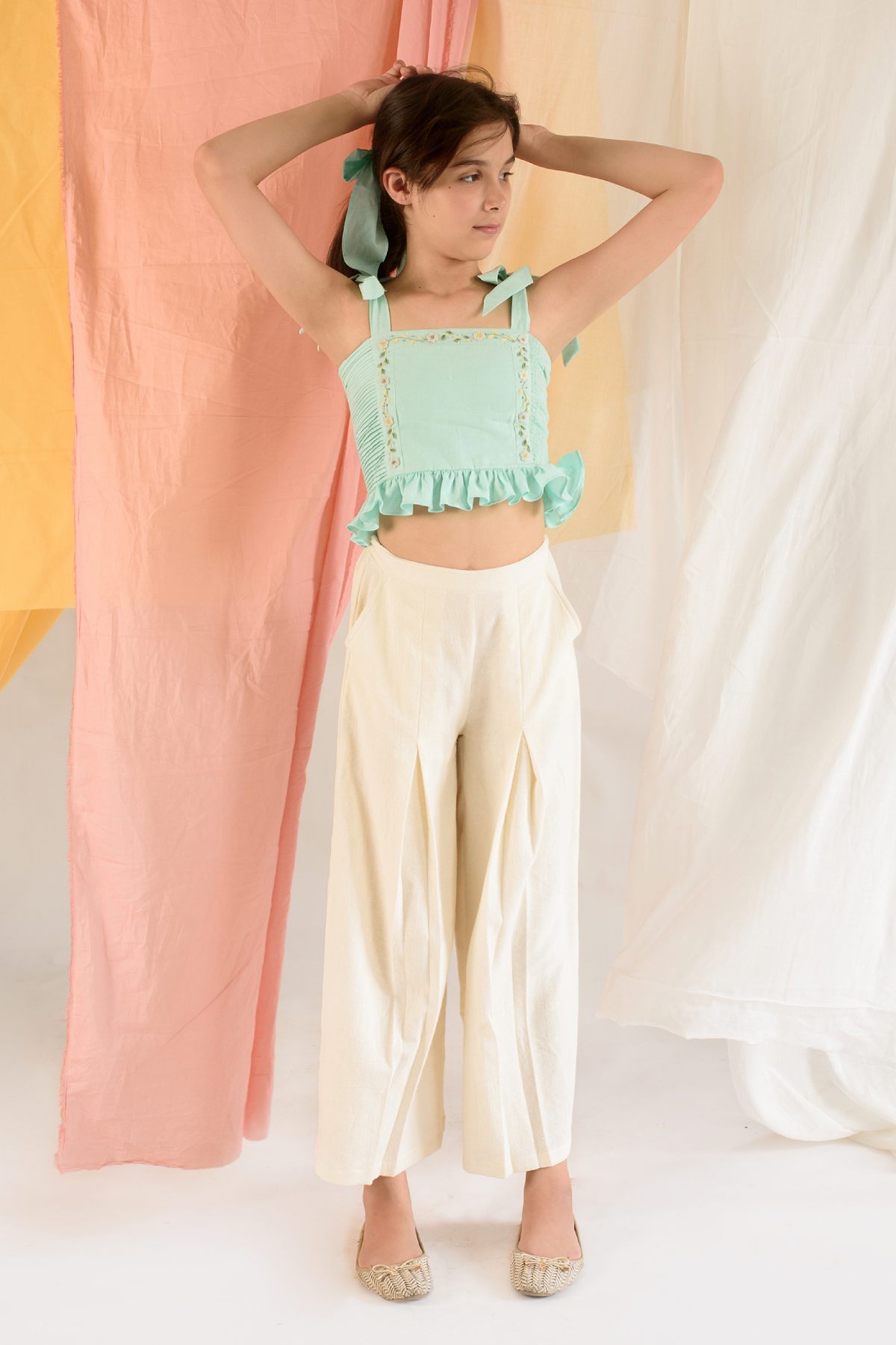 Buy Kids Designer Littleens Frill smocked crop tank top with delicate hand embroidery, frills and a tie-up strap Online at ScrollnShops