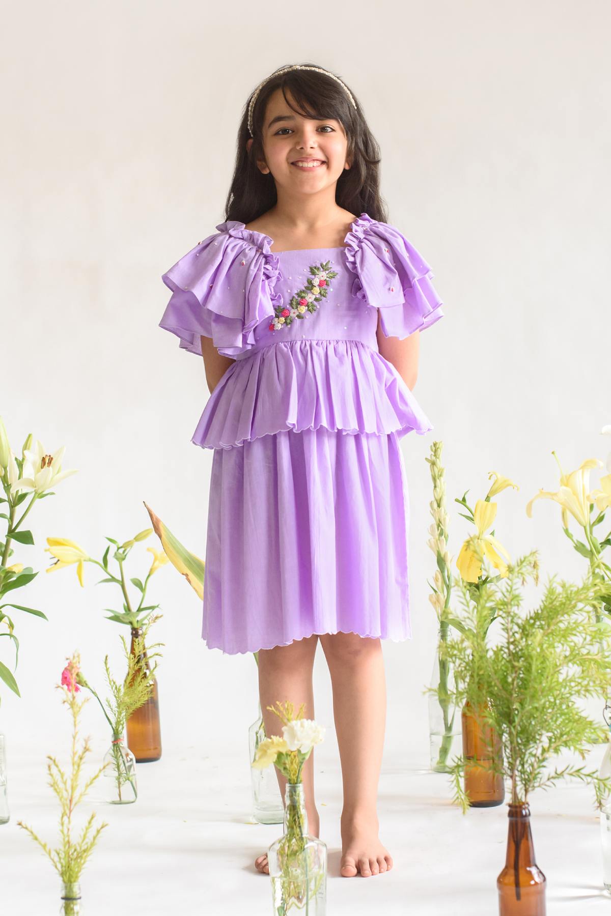 Buy Kids Designer Littleens Dress with ru?e accents on side tier and gathered neckline with mandarin collar which flows into a midi hem Online at ScrollnShops