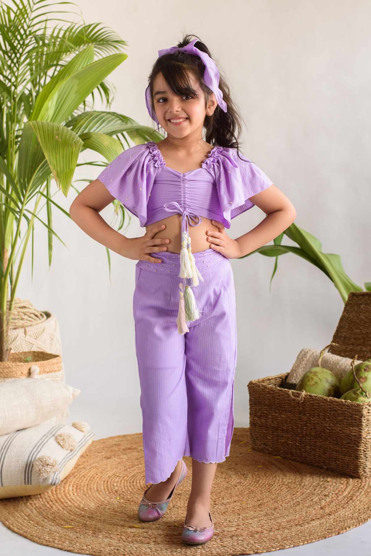 Buy Kids Designer Littleens Scallop wide leg easy pants with slit on side seam paired with centre ruched blouse with elasticated back and trails of French knots and sequins Online at ScrollnShops