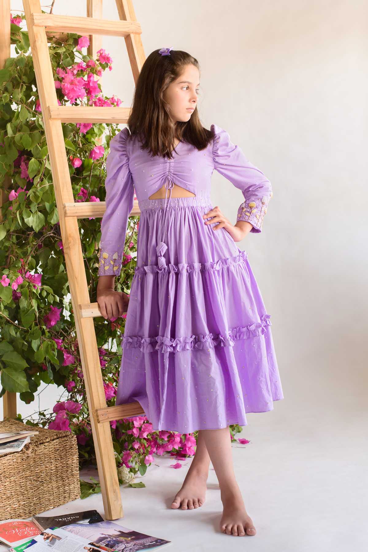 Buy Kids Designer Littleens Flowy gathered tiered dress with prairie florals bloomed with small wild flowers adorned with sequins and thread embroidery Online at ScrollnShops