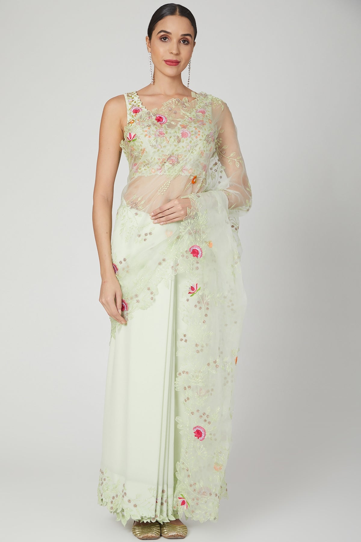 Green Pleated Saree & Blouse