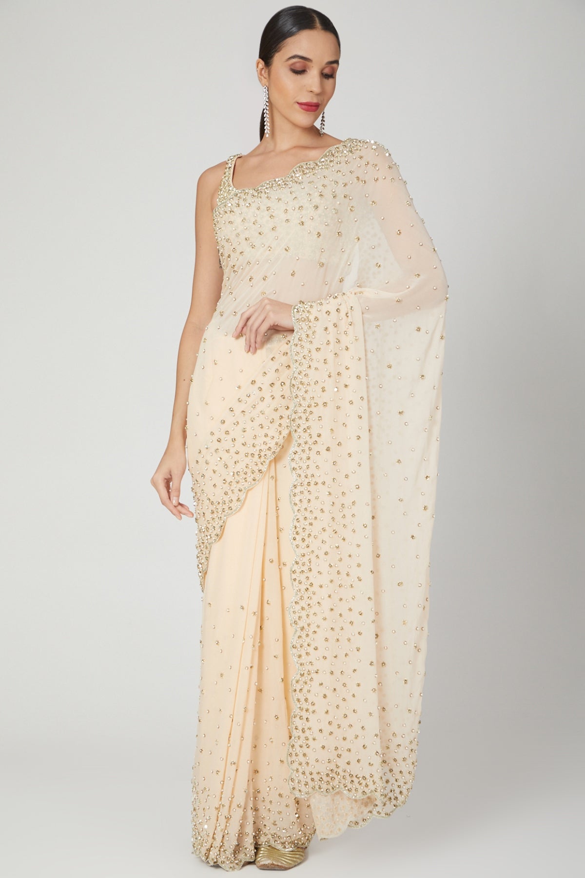 Peach Georgette Sequins Saree