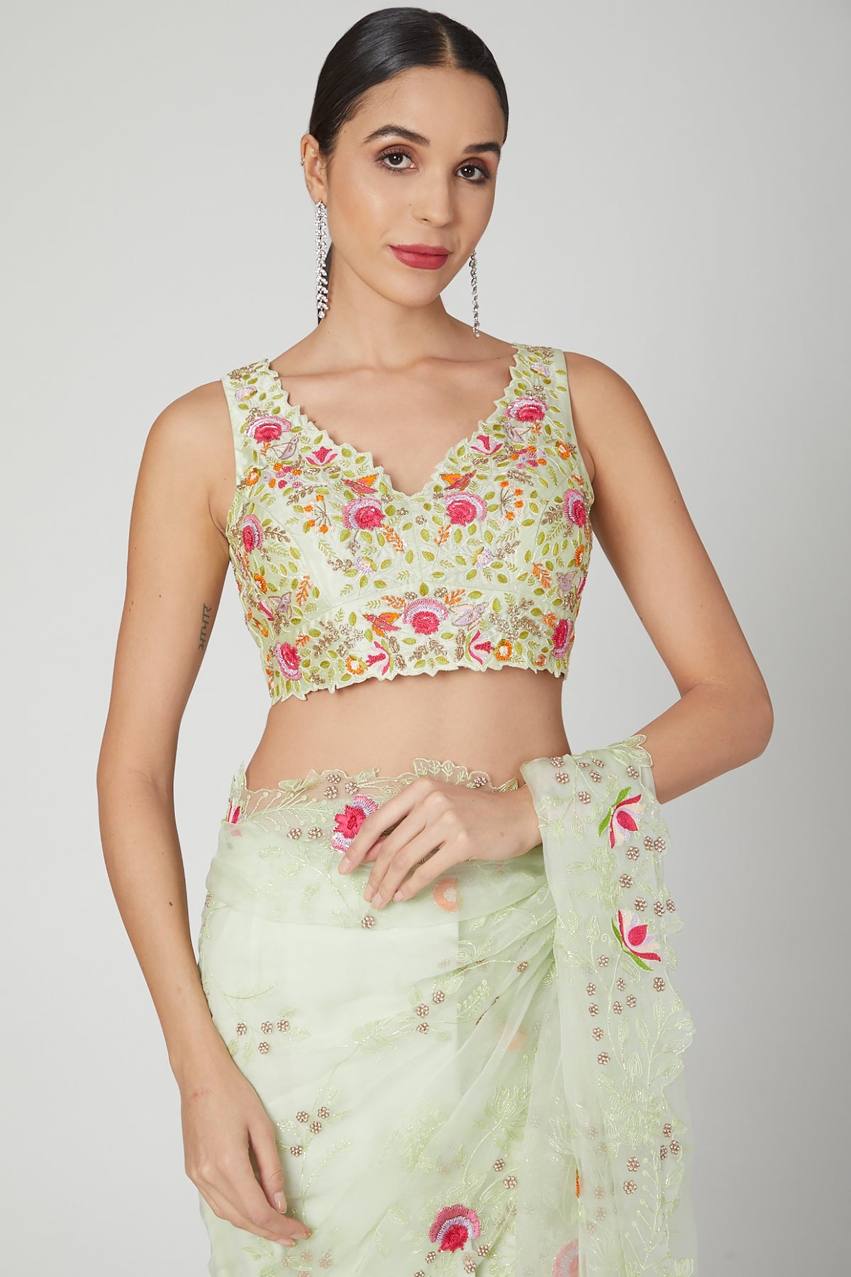 Green Pleated Saree & Blouse