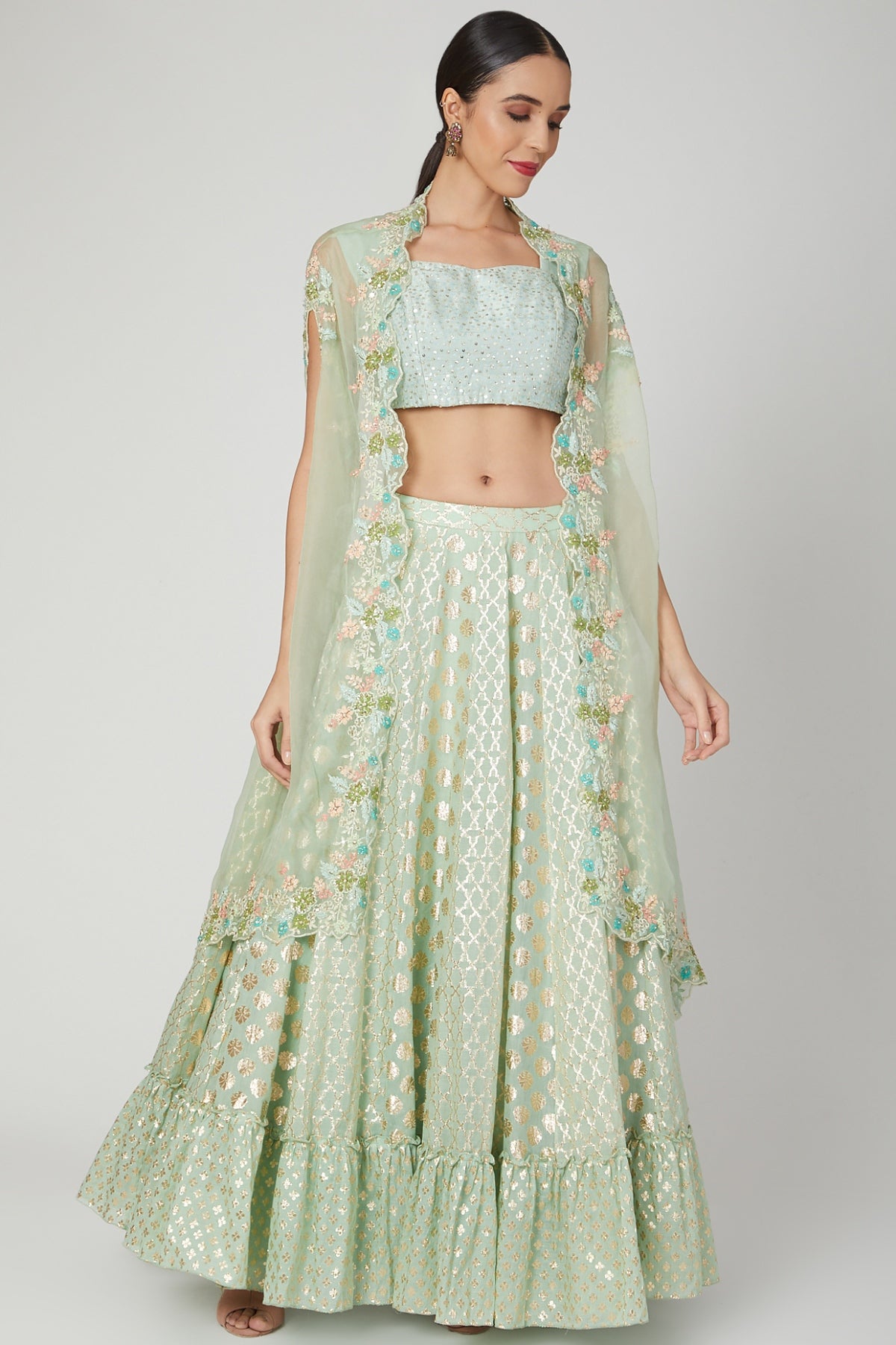 Green Zardosi Lehenga Set & Cape
