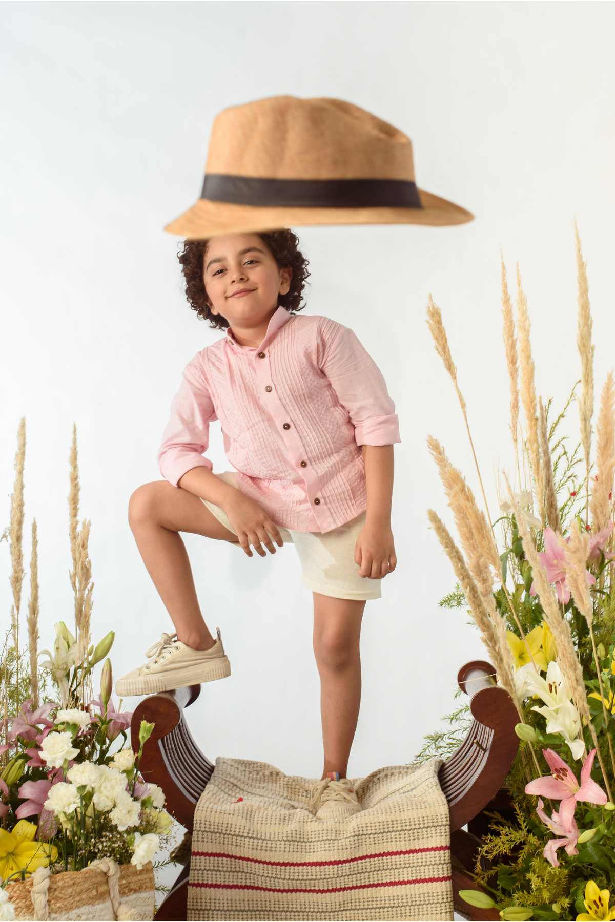 Buy Kids Designer Littleens Mandarin collar shirt with vertical and diagonal angles of tucks Online at ScrollnShops