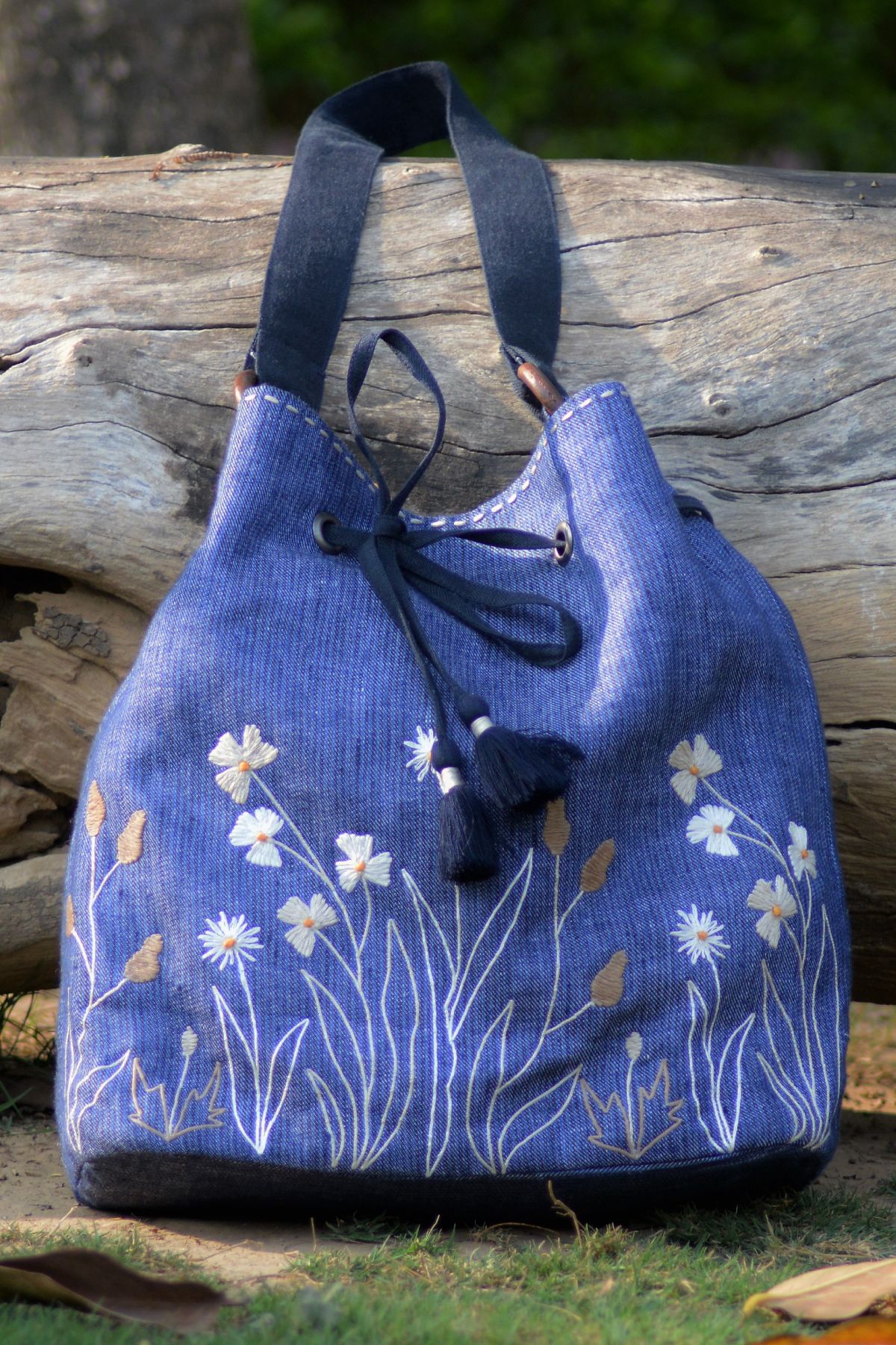Denim Floral Embroidered Bag