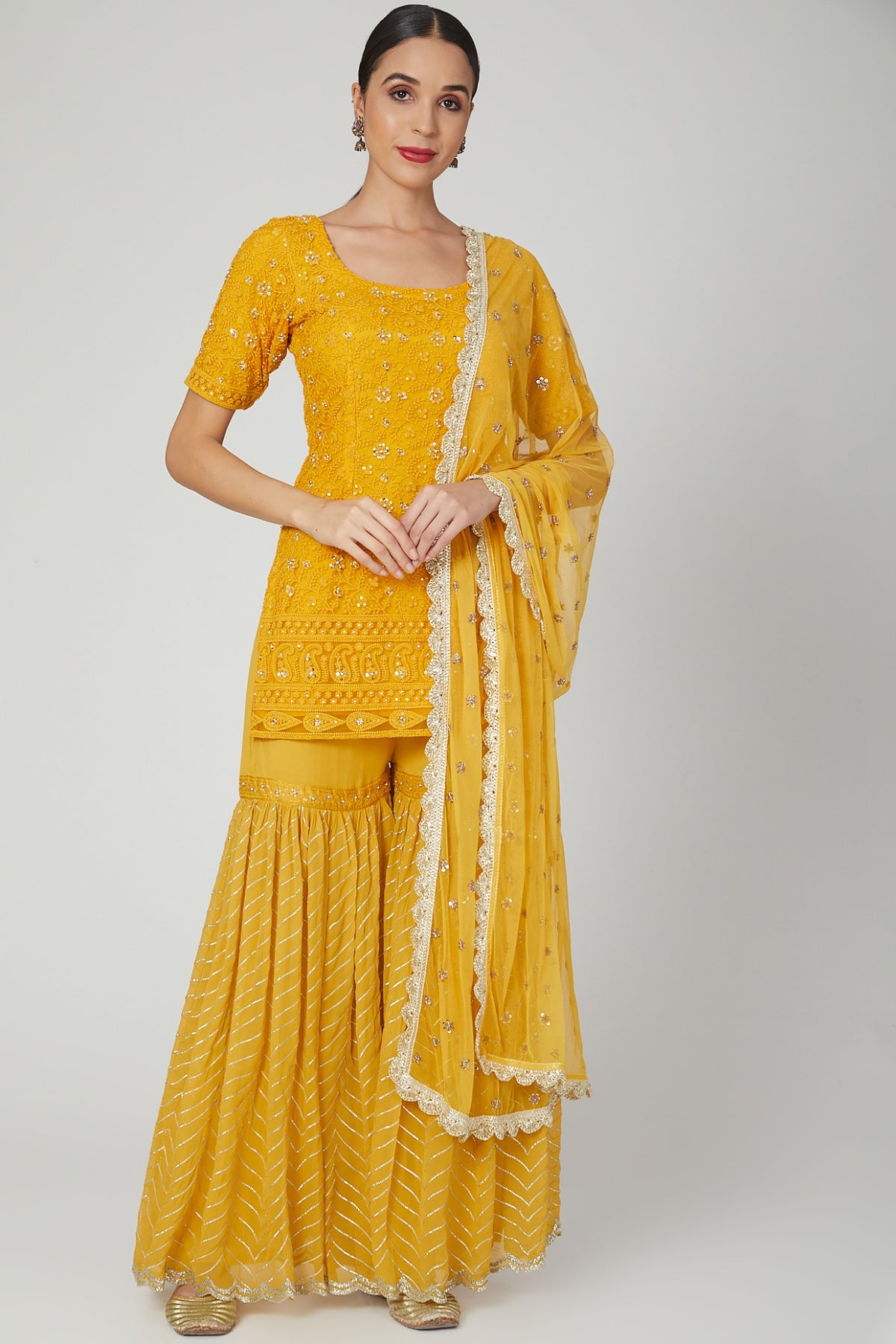 Mustard Sequins Short Kurta Set