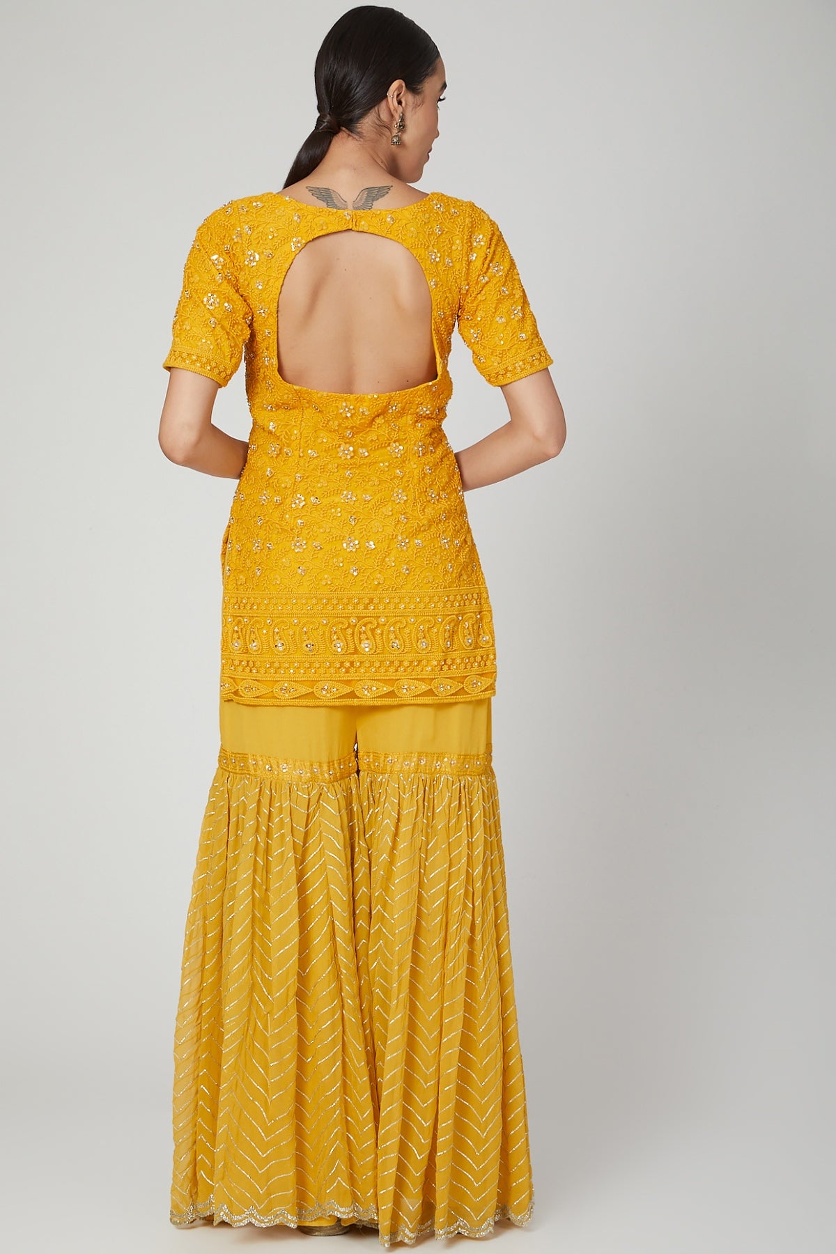 Mustard Sequins Short Kurta Set