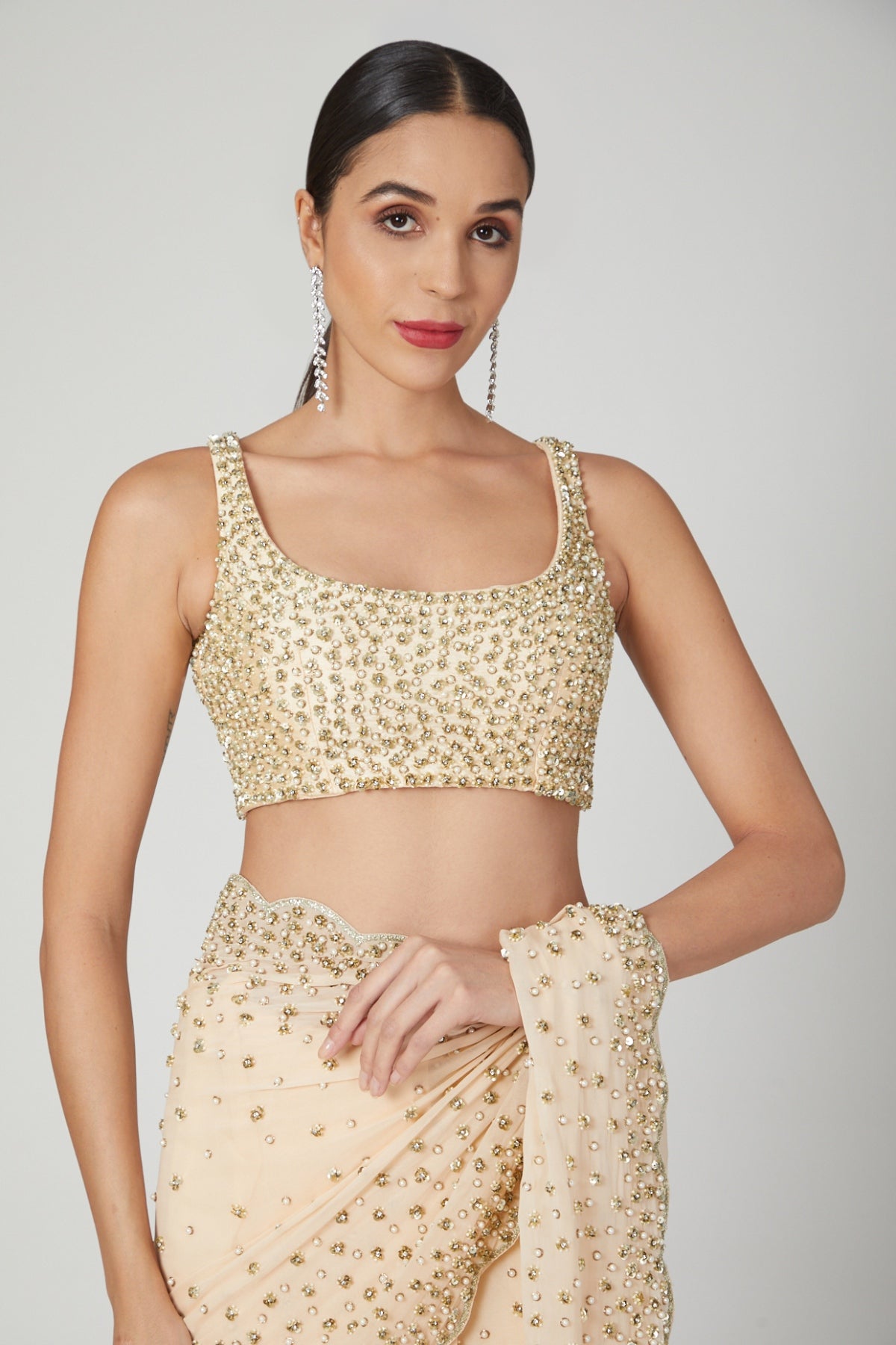 Peach Georgette Sequins Saree