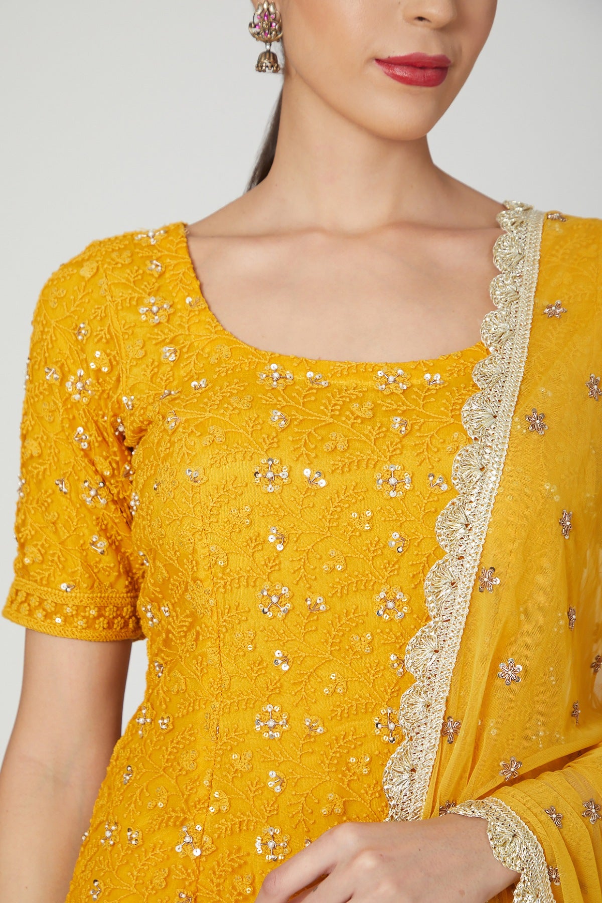 Mustard Sequins Short Kurta Set