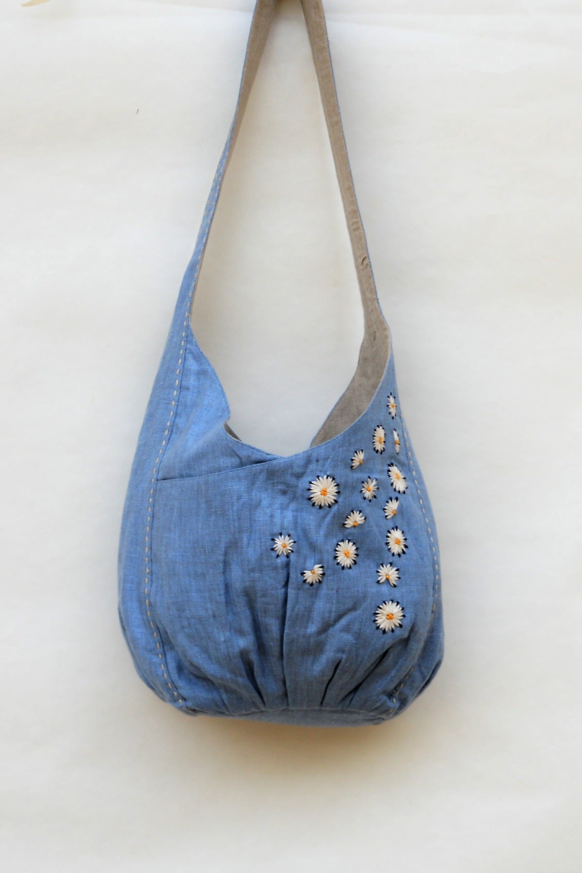 Blue Hand Embroidered Linen Bag