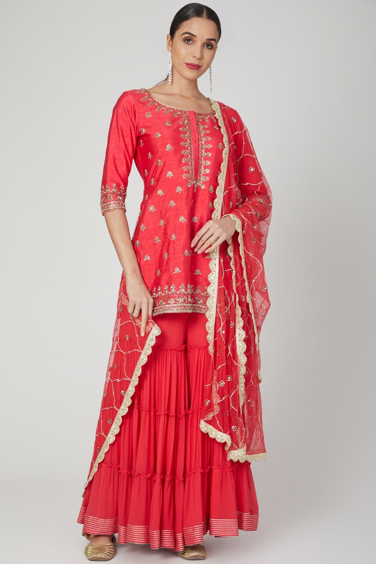 Red Dabka Layered Sharara Set