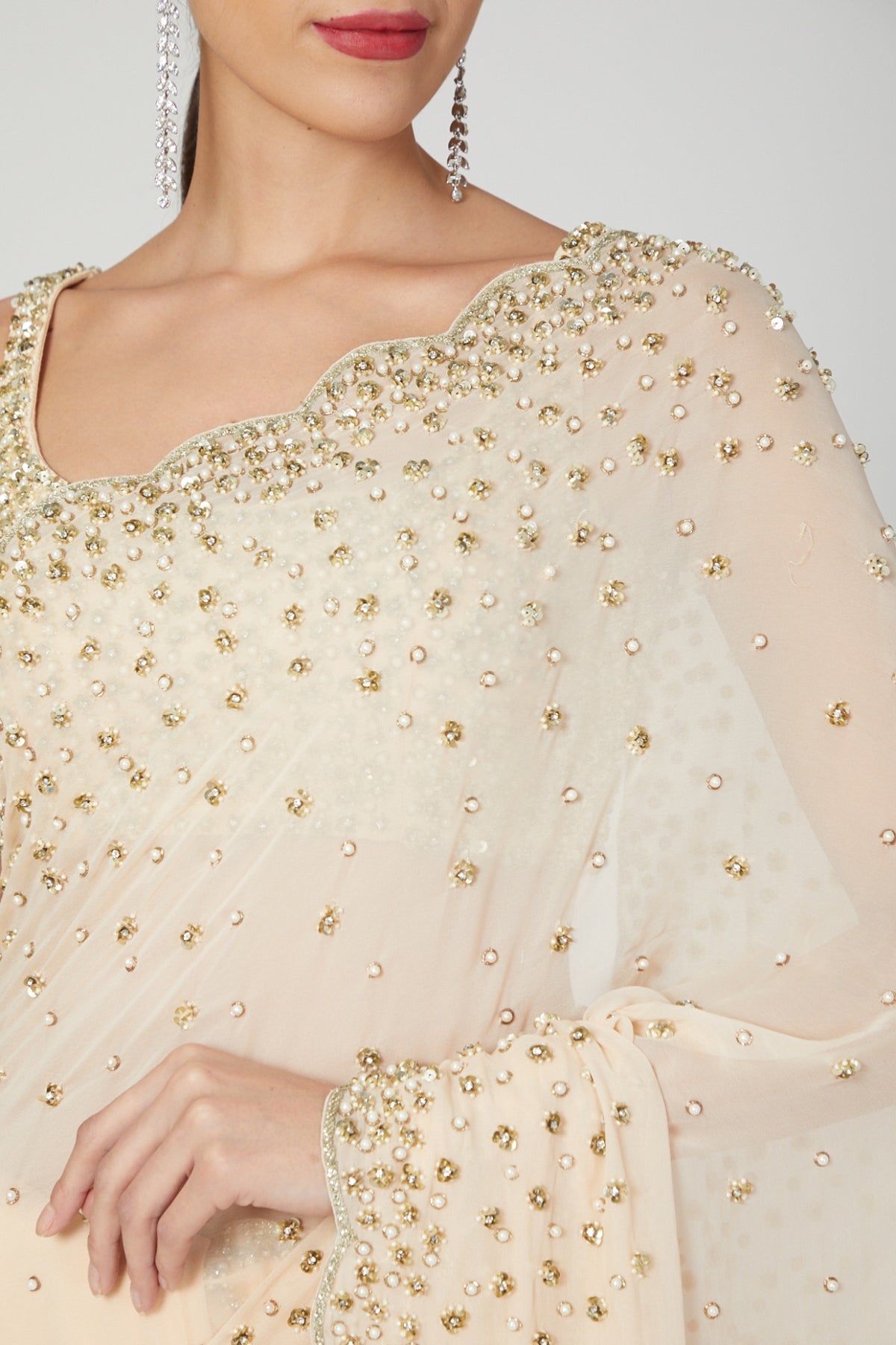 Peach Georgette Sequins Saree