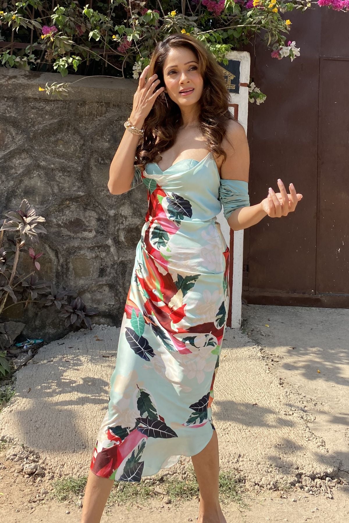 Buy Printed Drape Dress by Mandira Wirk