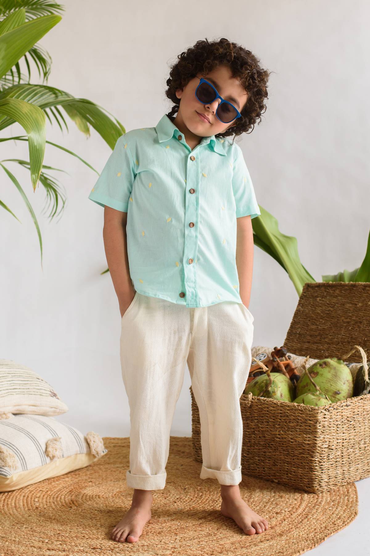 Buy Kids Designer Littleens Button down look with brightly coloured leaves embroidered on a slim fit shirt Online at ScrollnShops