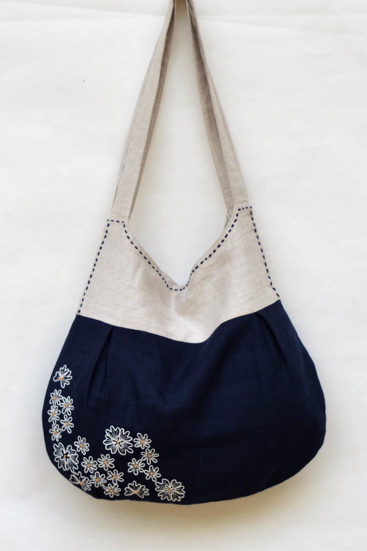 Navy Linen Hand Embroidered Bag