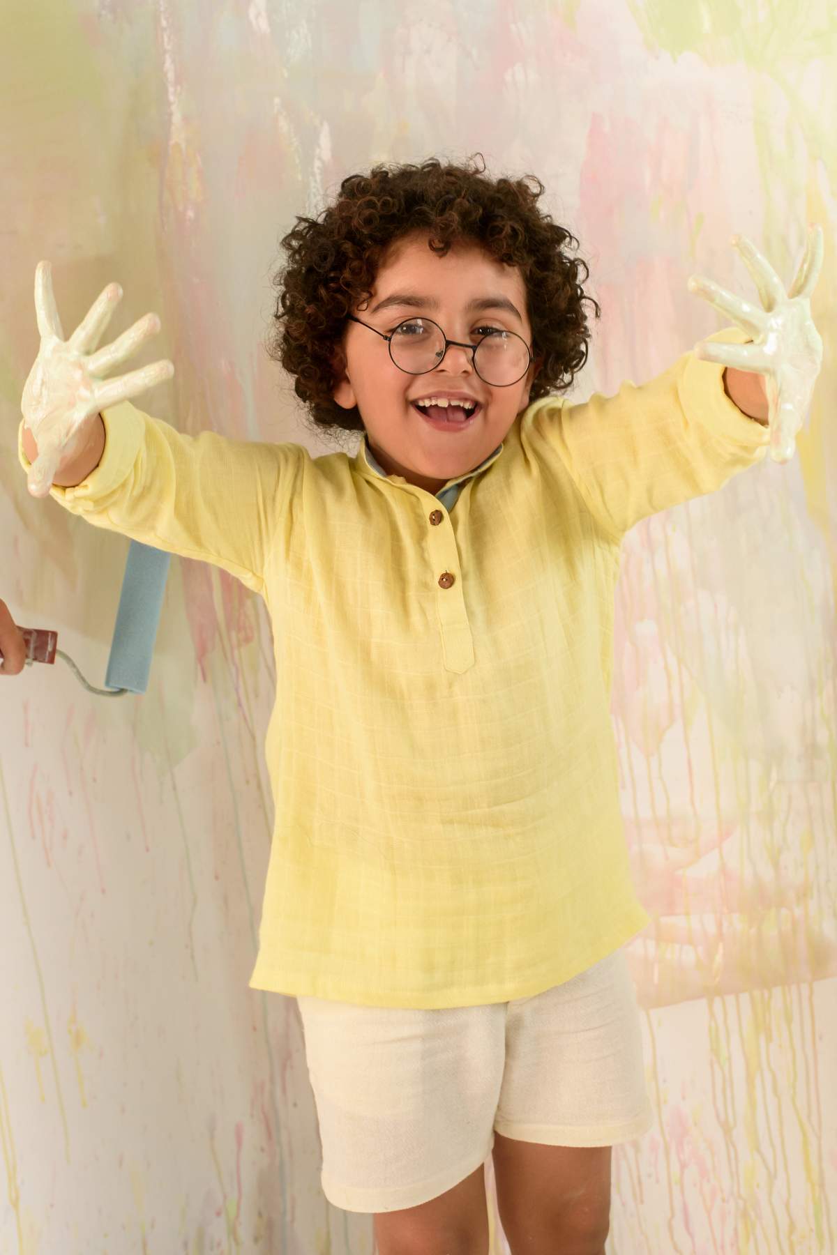 Buy Kids Designer Littleens Fine weave shirt with mao collar, colour blocking details at placket and buttoned cuff sleeves Online at ScrollnShops