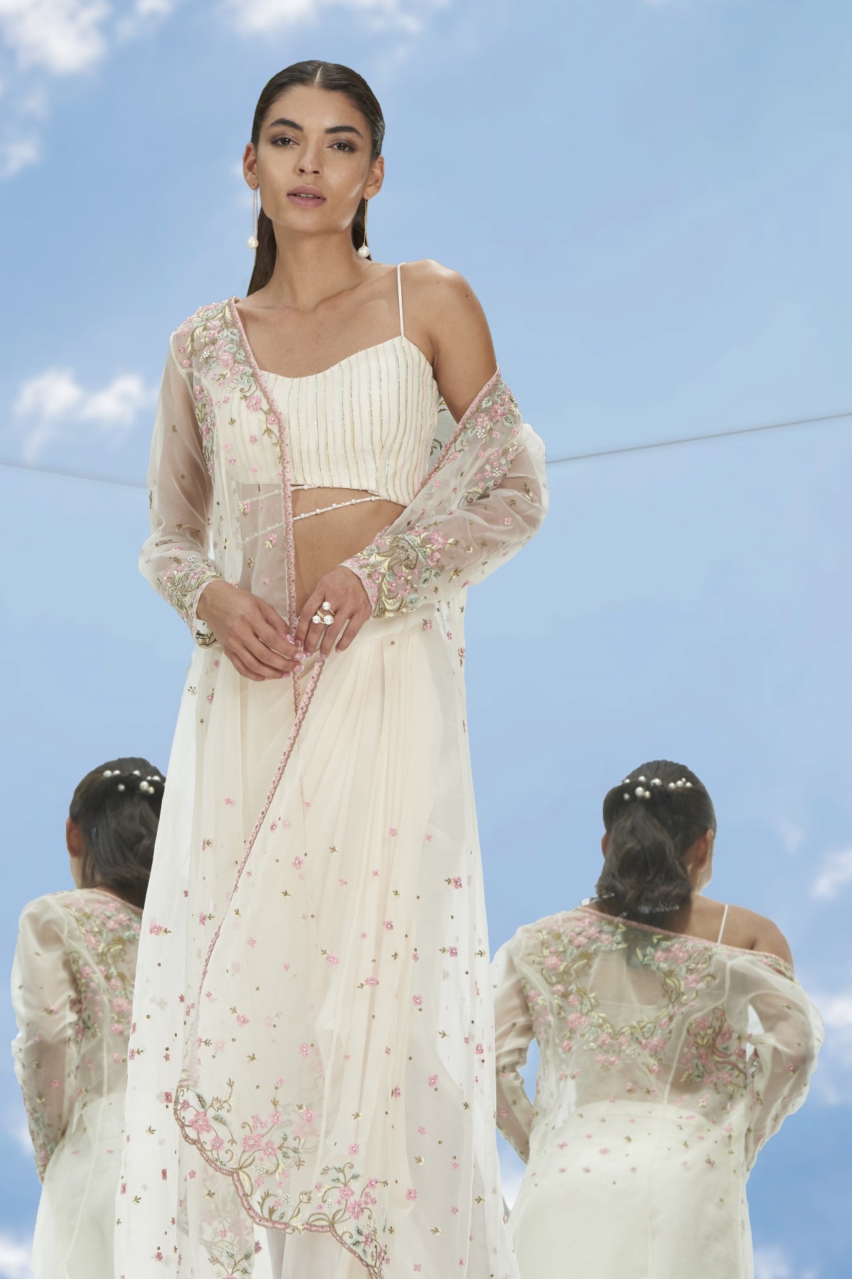 White Thread Long Jacket Set