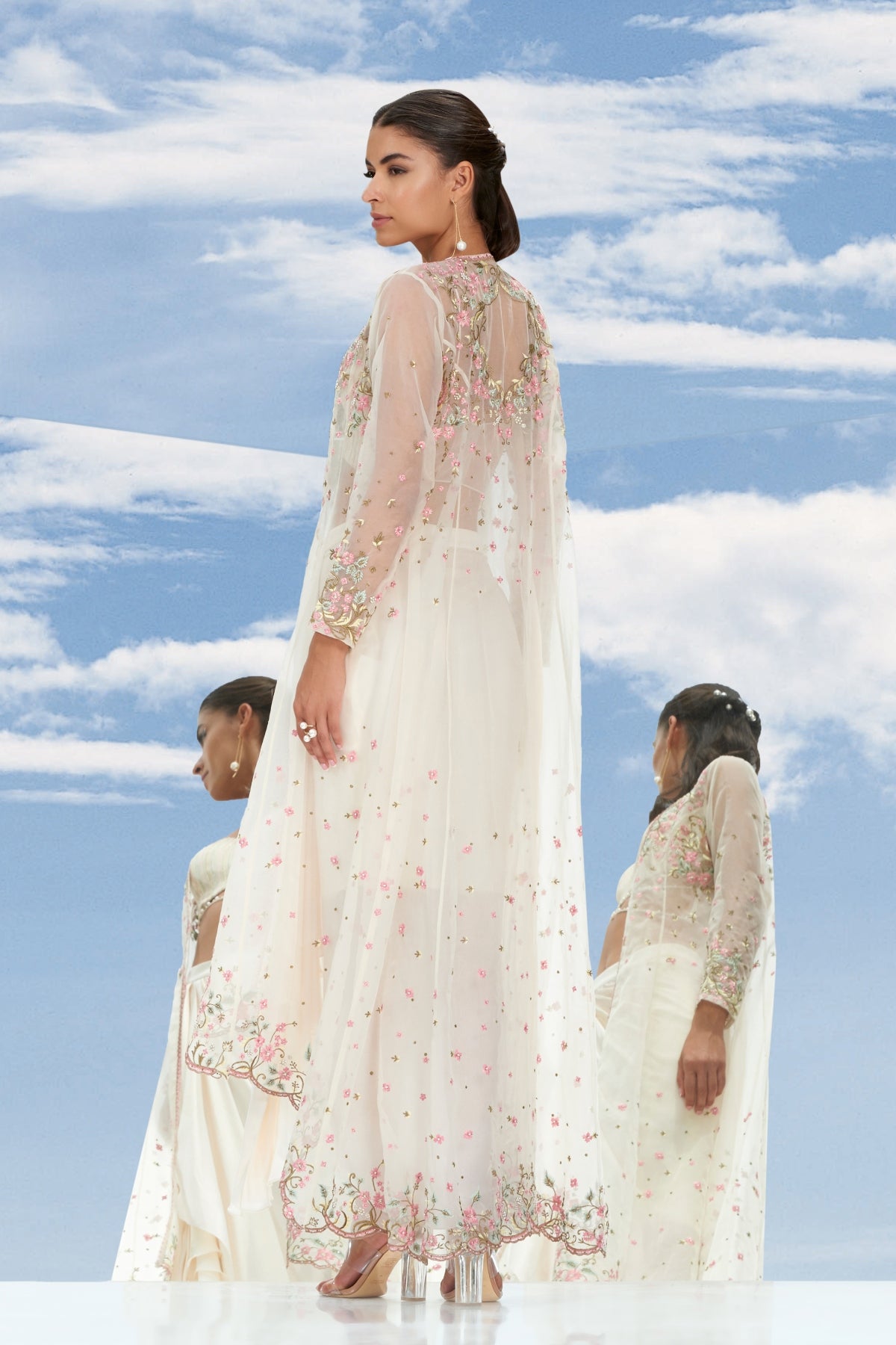 White Thread Long Jacket Set