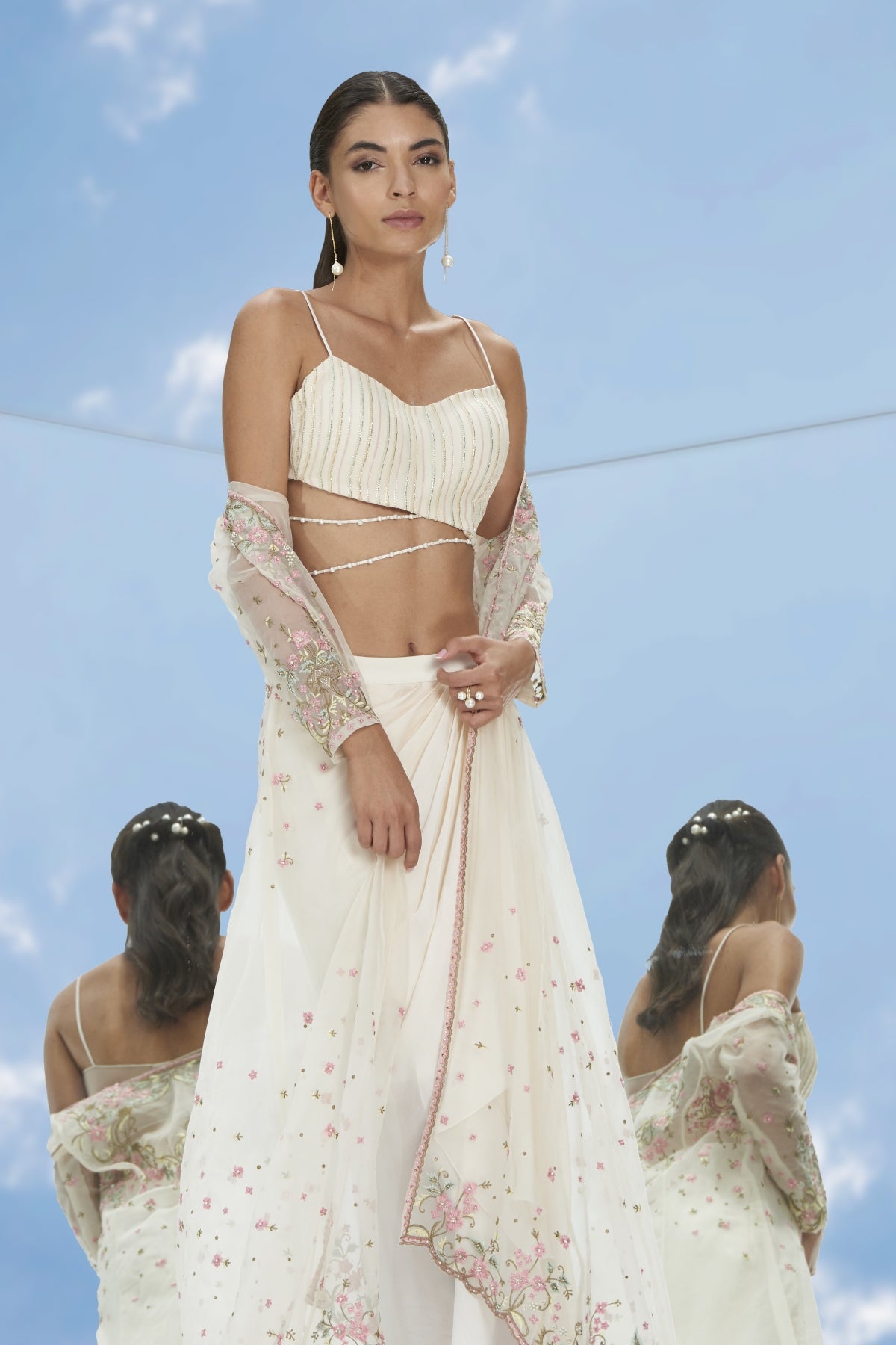 White Thread Long Jacket Set