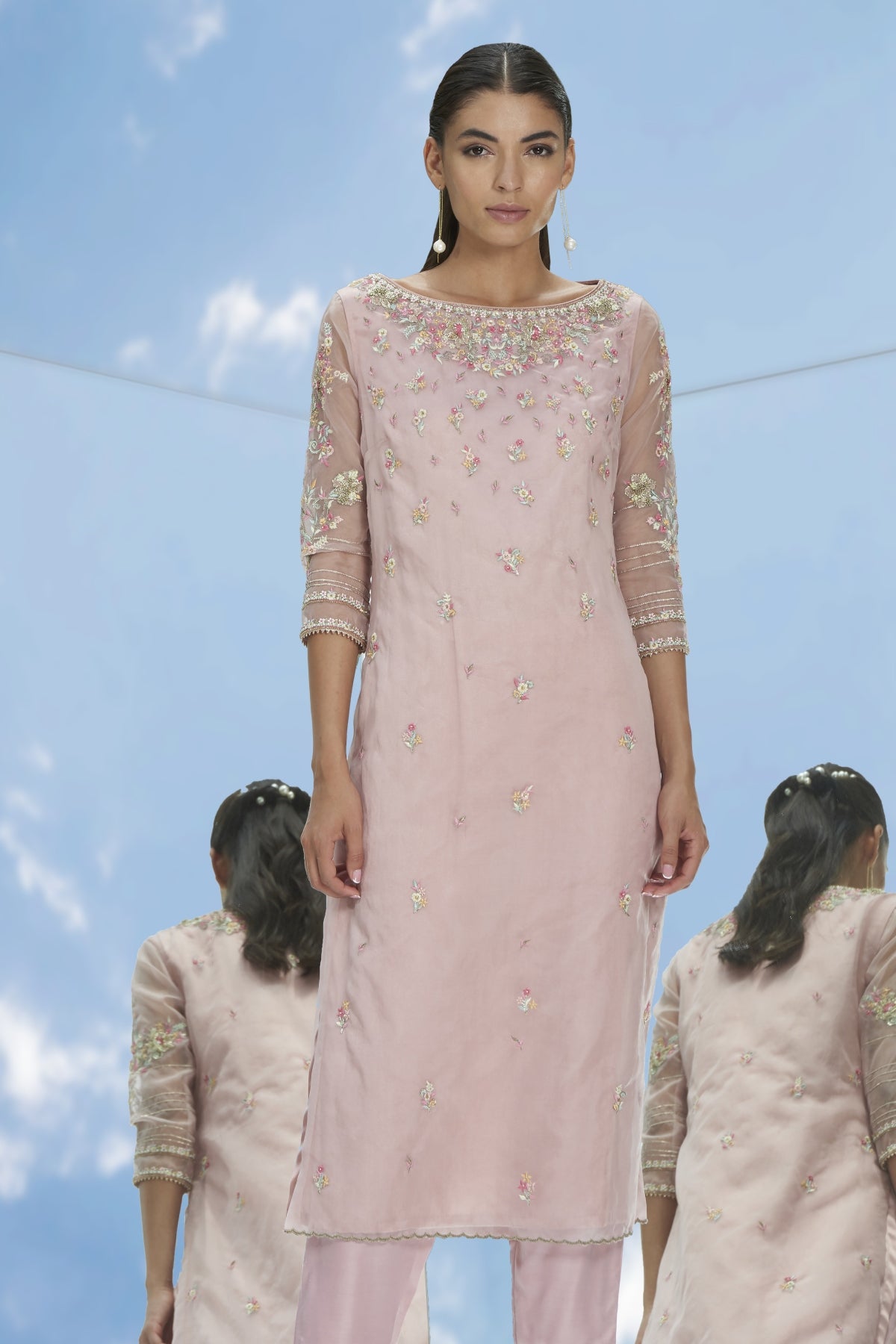 Pink Bead Work Long Kurta Set