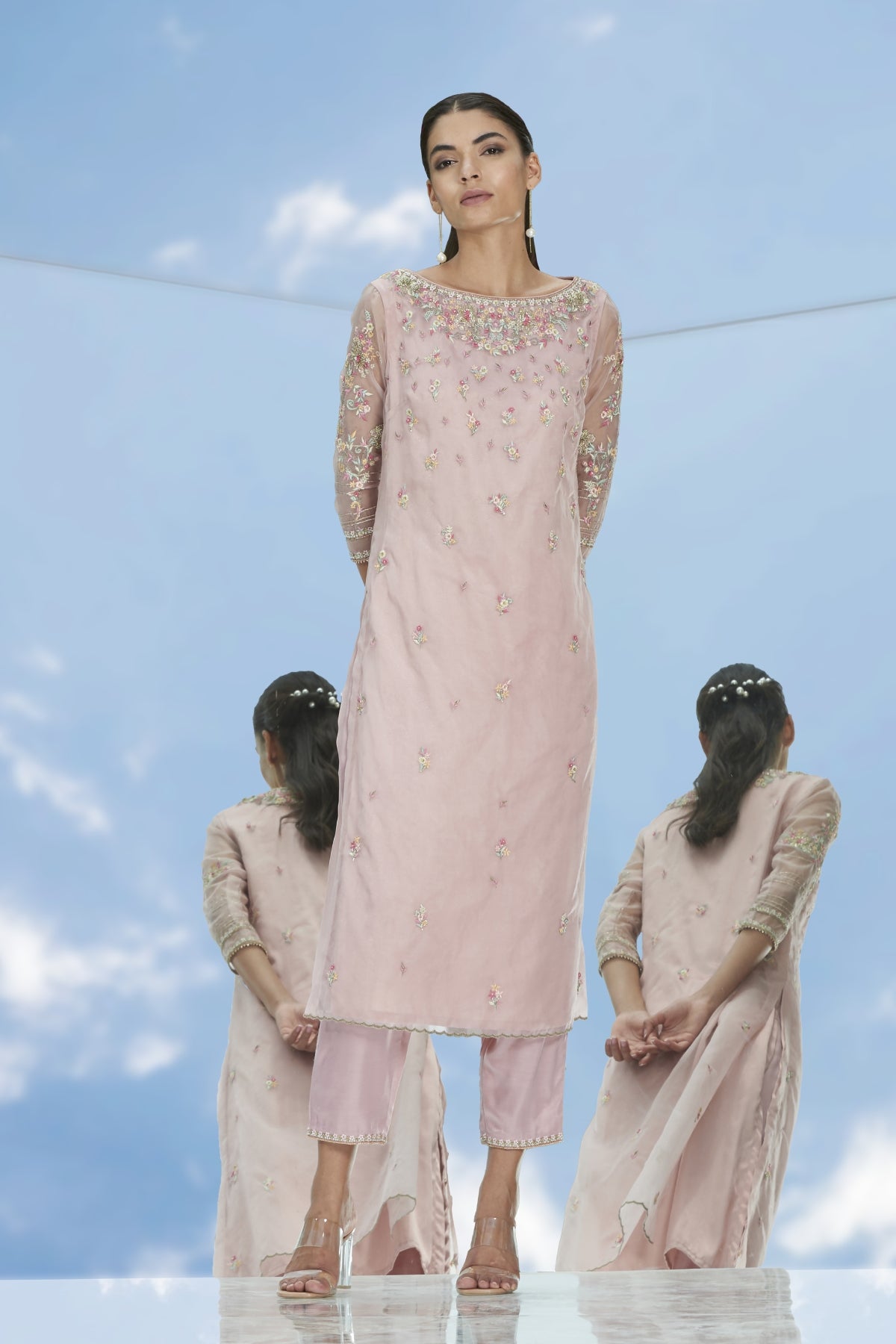 Pink Bead Work Long Kurta Set