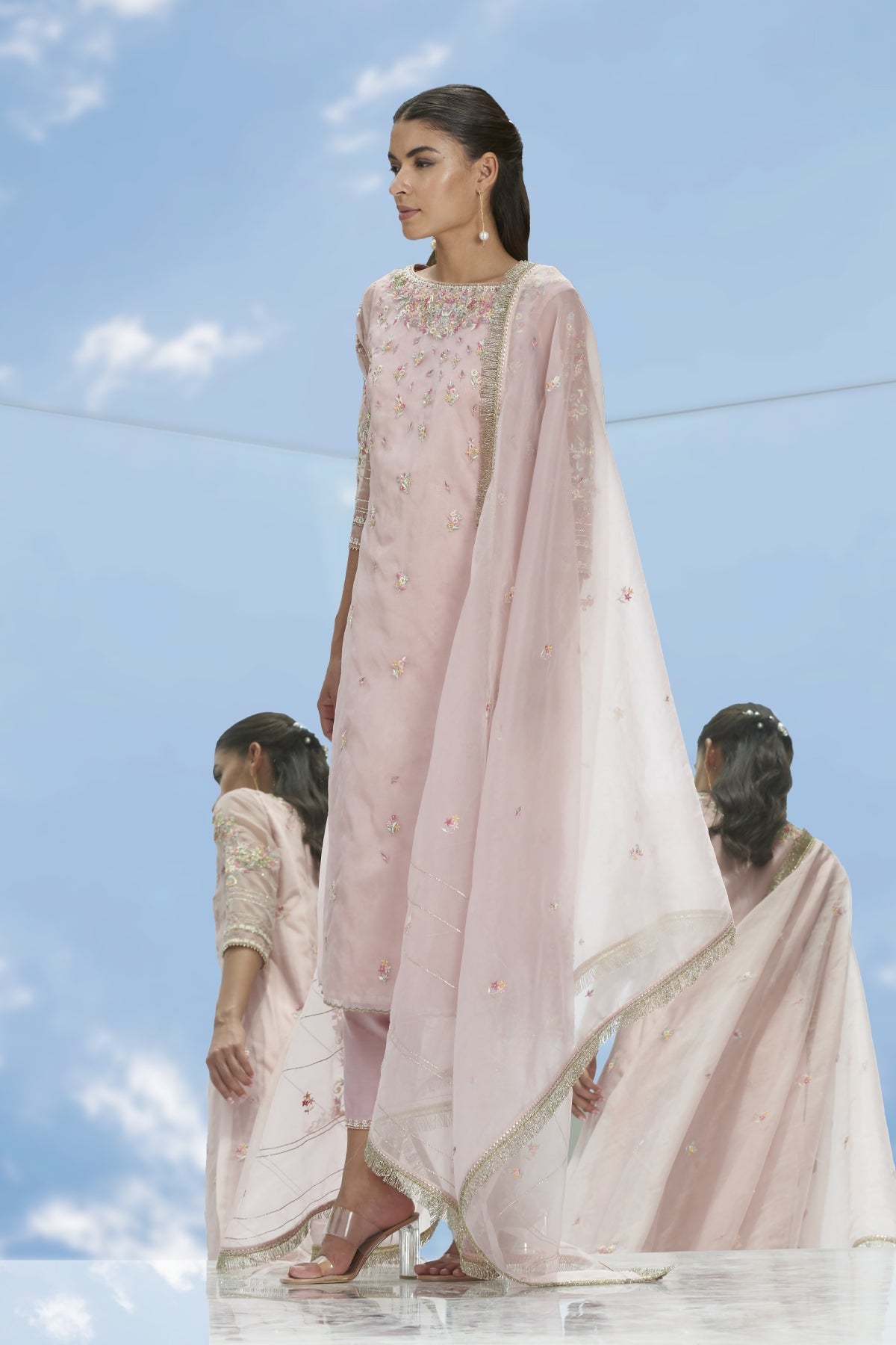 Pink Bead Work Long Kurta Set