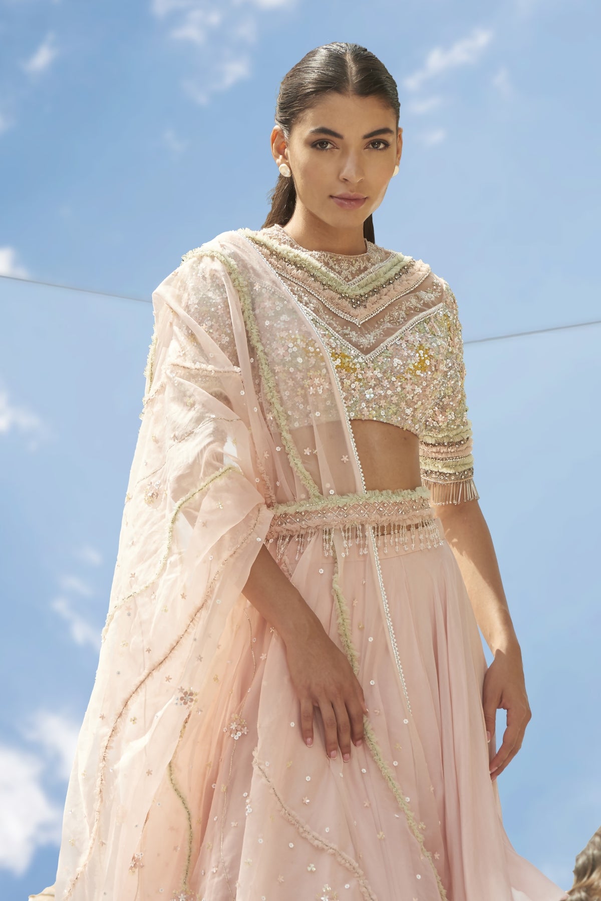 Peach Drape Layered Lehenga Set
