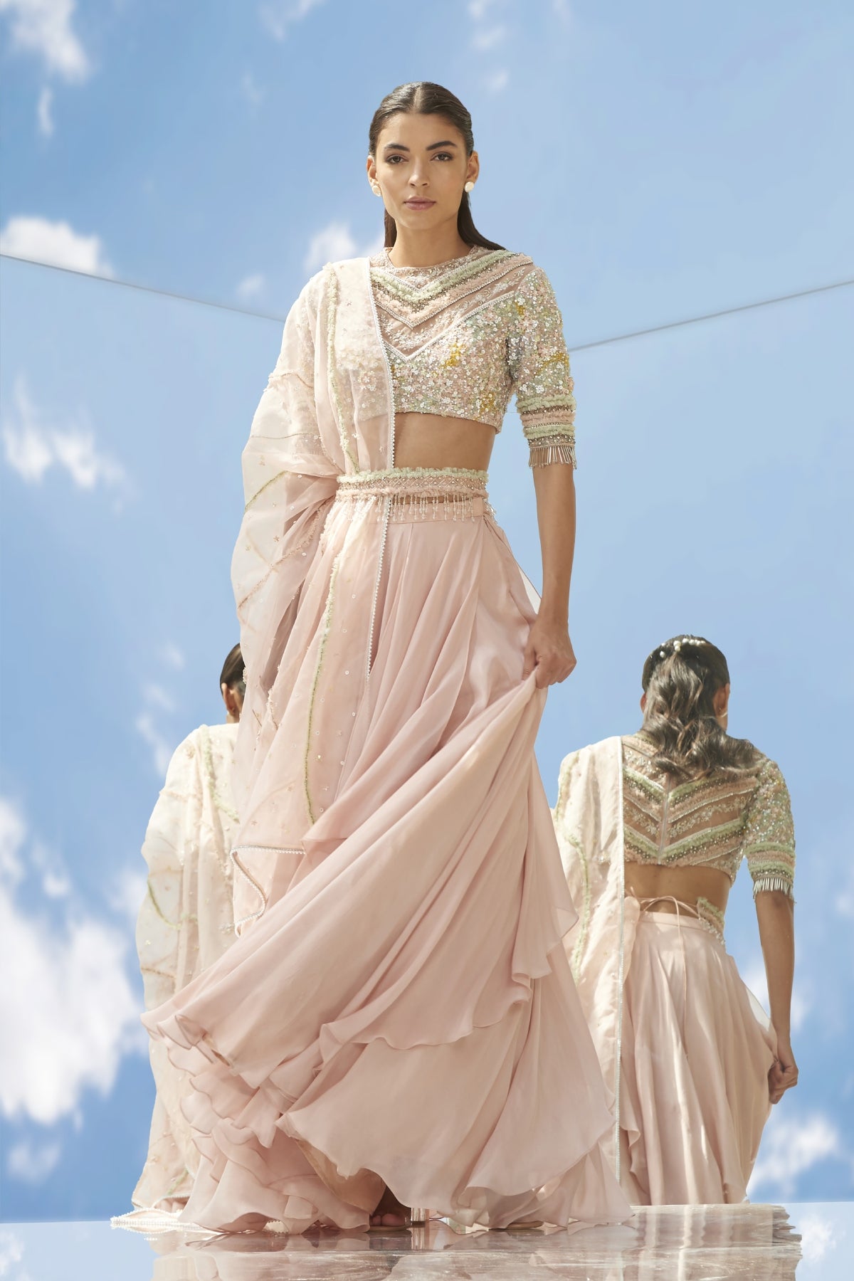 Peach Drape Layered Lehenga Set