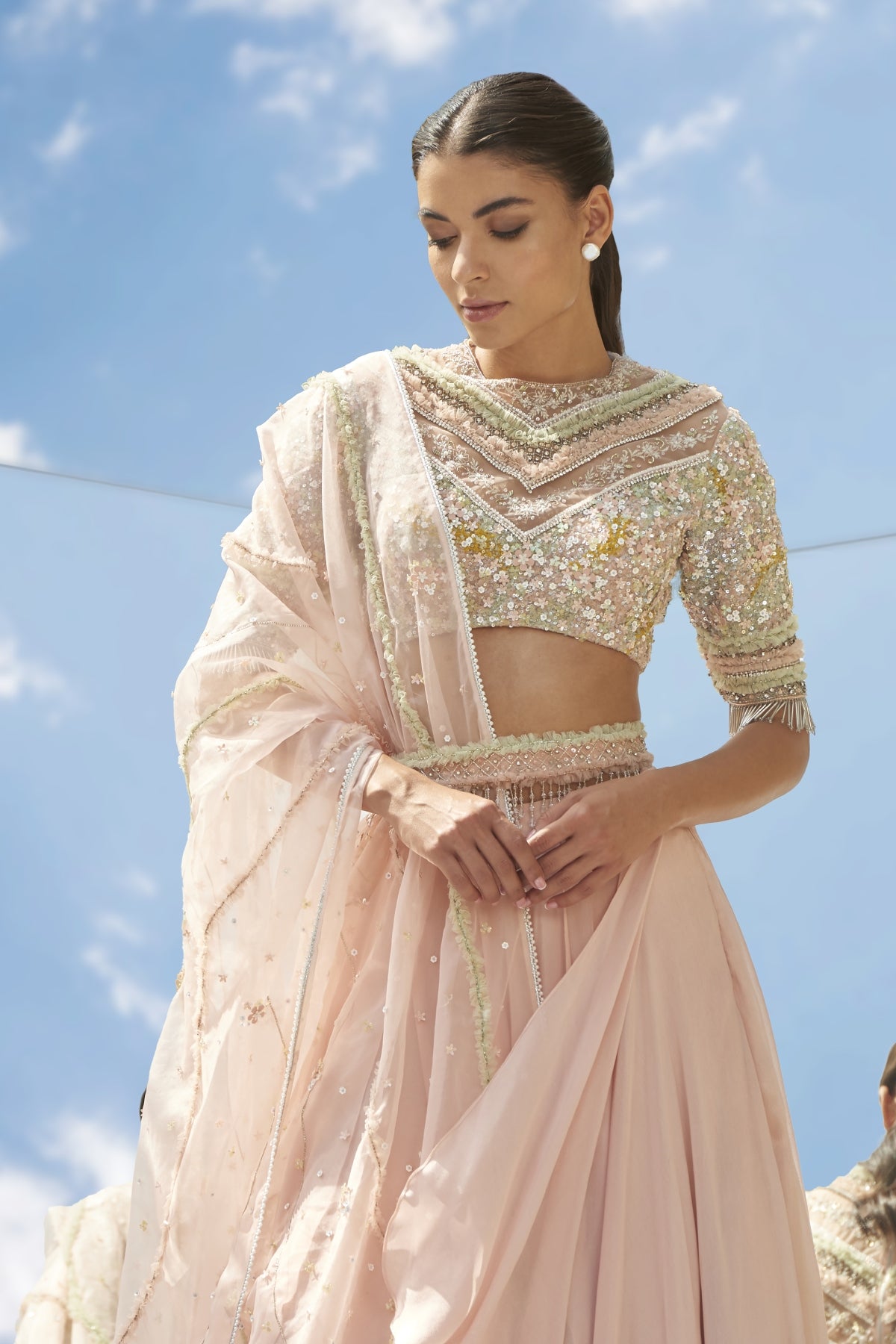 Peach Drape Layered Lehenga Set