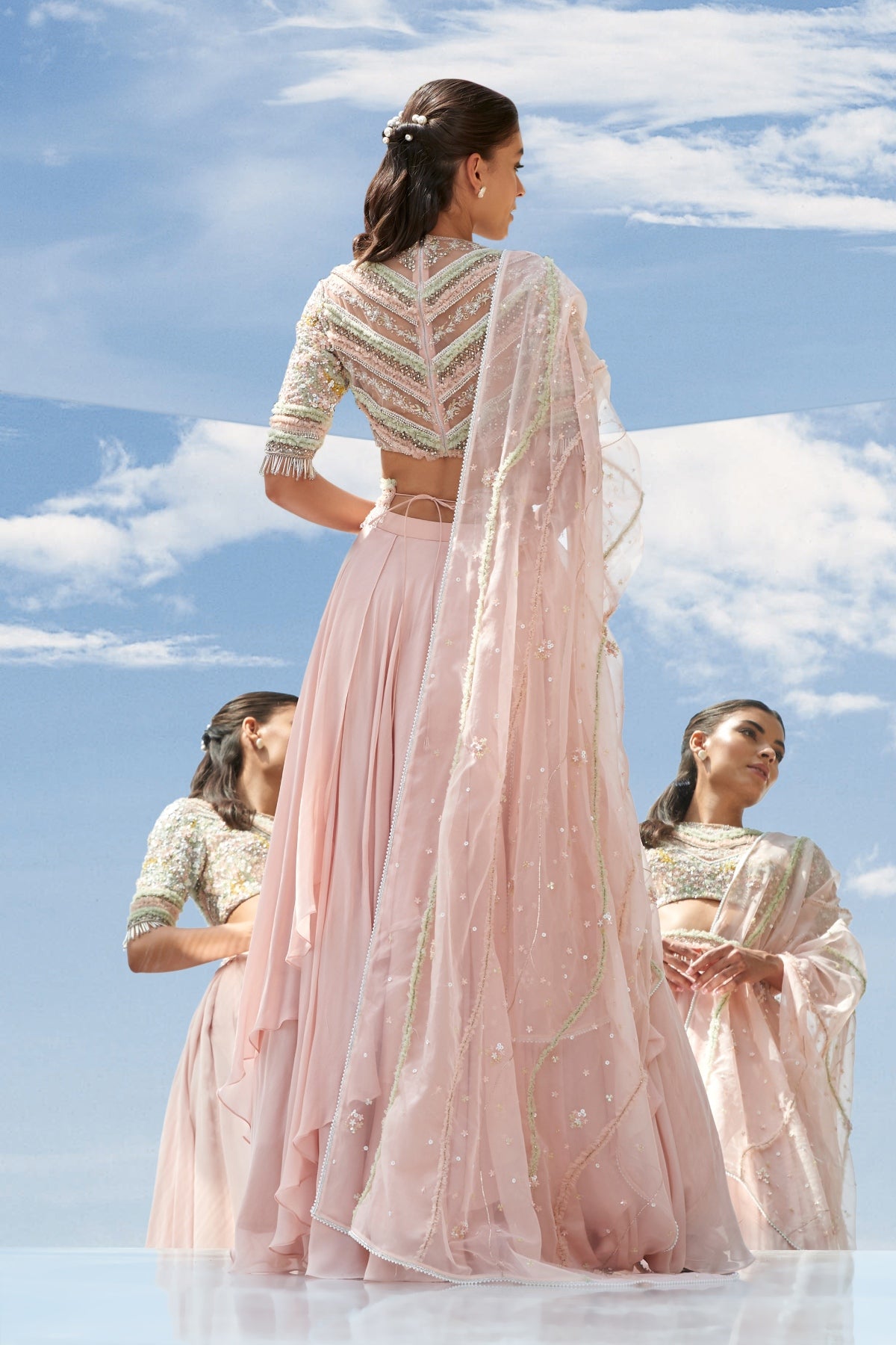 Peach Drape Layered Lehenga Set