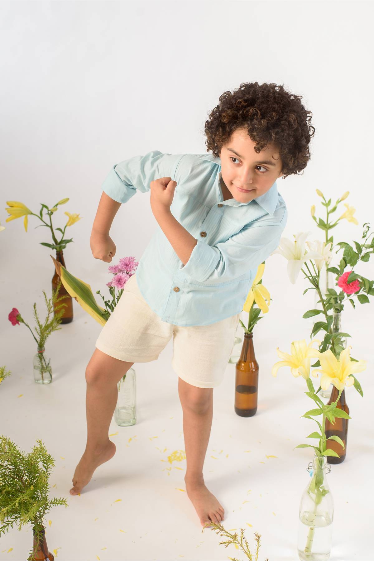 Buy Kids Designer Littleens Shirt made in a unique blend of fabrics with corozo buttons Online at ScrollnShops