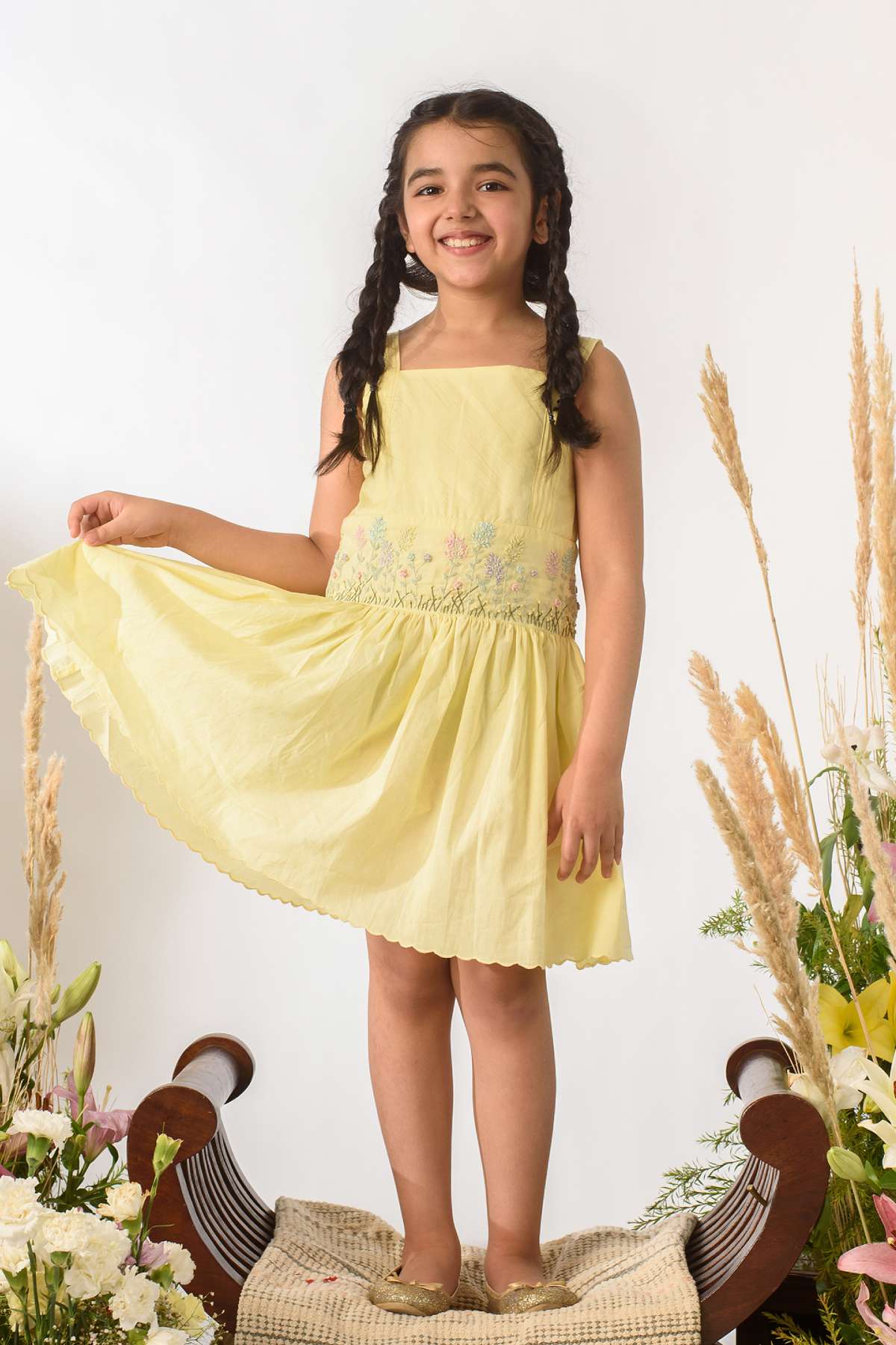 Buy Kids Designer Littleens Hand embroidered dress with an open tie-up back, pin tucks strap and thread embroidery Online at ScrollnShops