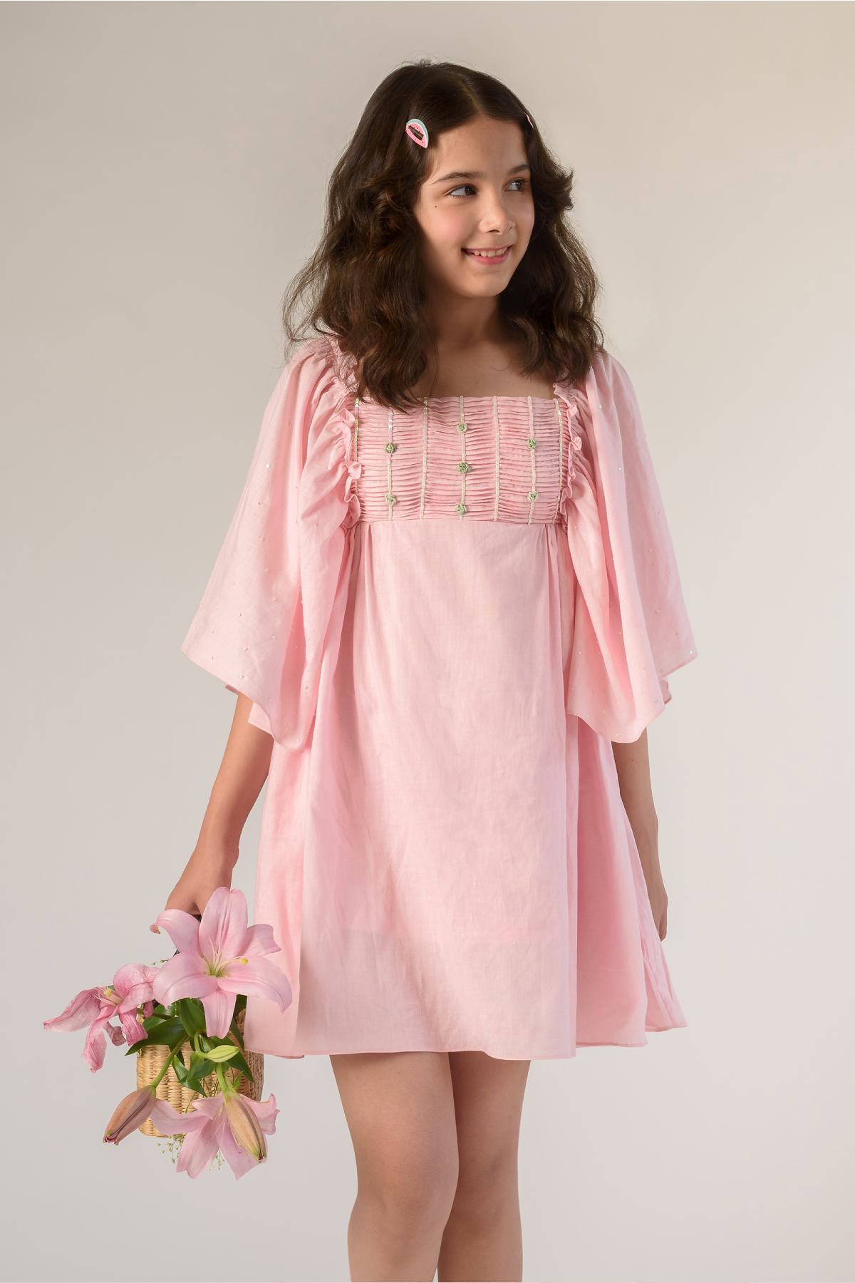 Buy Kids Designer Littleens Floral hand embroidered dress with organic cotton thread, pintucked yoke, embroidered angel sleeves and gathers sweeping into the sides Online at ScrollnShops