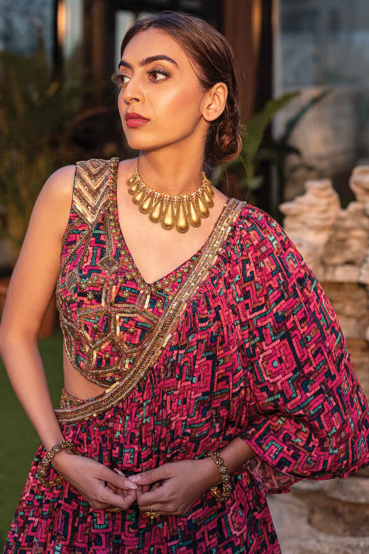 One Shoulder Cape Lehenga Set