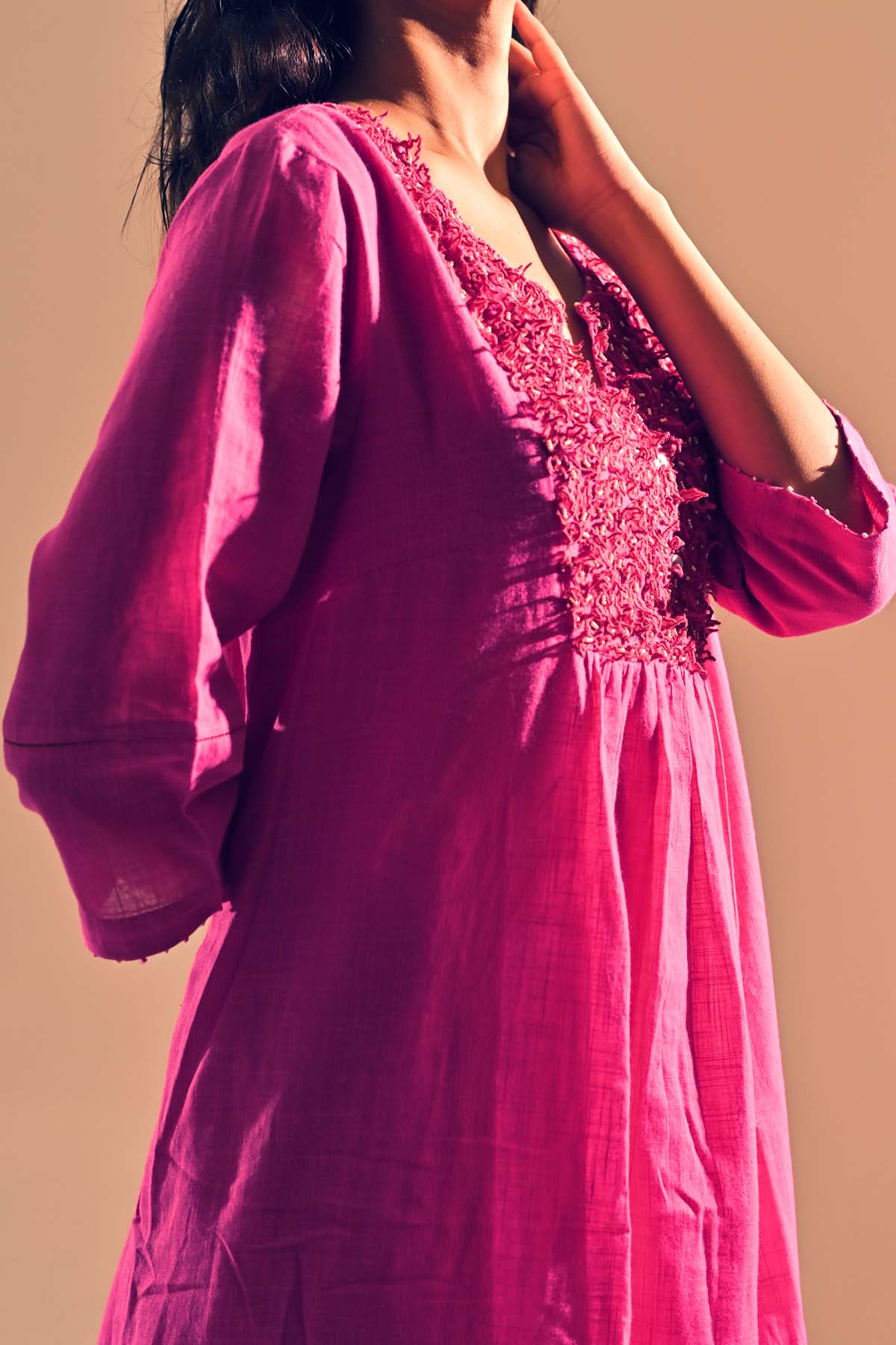 Magenta Cotton Floral Yoke Tunic